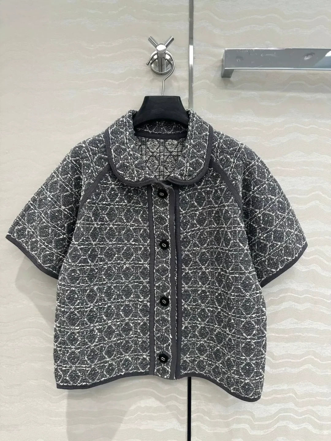 D 25 new rattan plaid woven pattern knit short sleeve cardigan small jacket