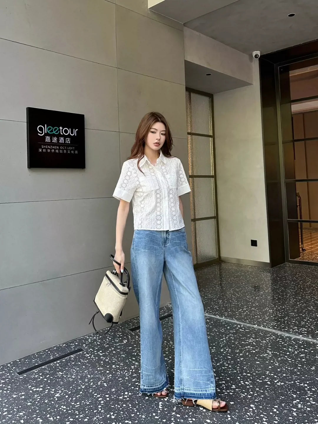 Ce 25 new water-soluble lace pocket lapel short-sleeved shirt