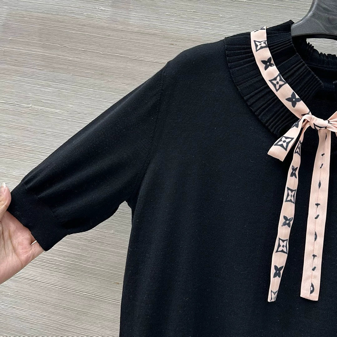25 Spring/Summer New Lace Stand-up Collar Real Ribbon Short Sleeve