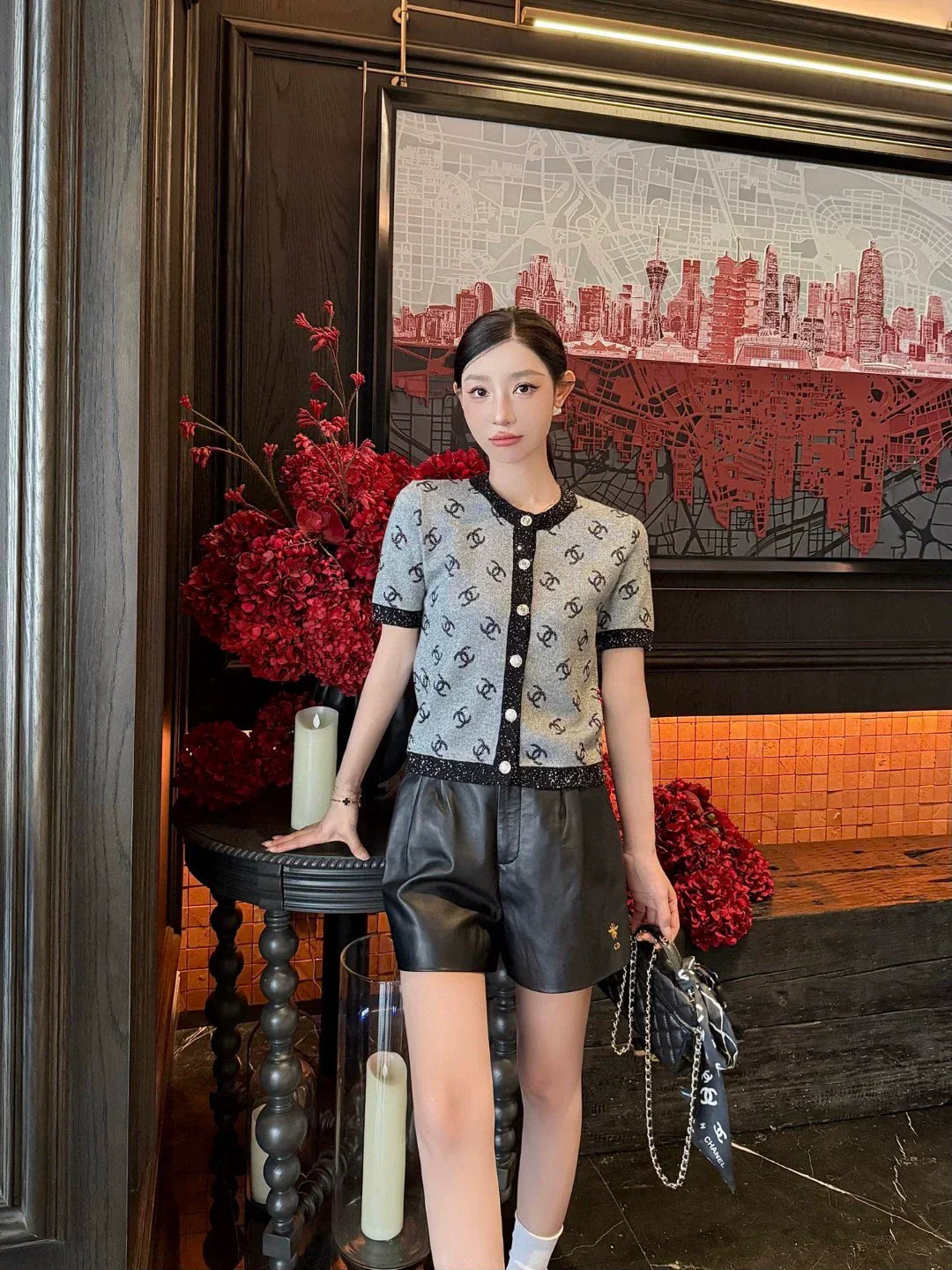 C 25 new color clashing pattern single-breasted round neck short-sleeved knitting