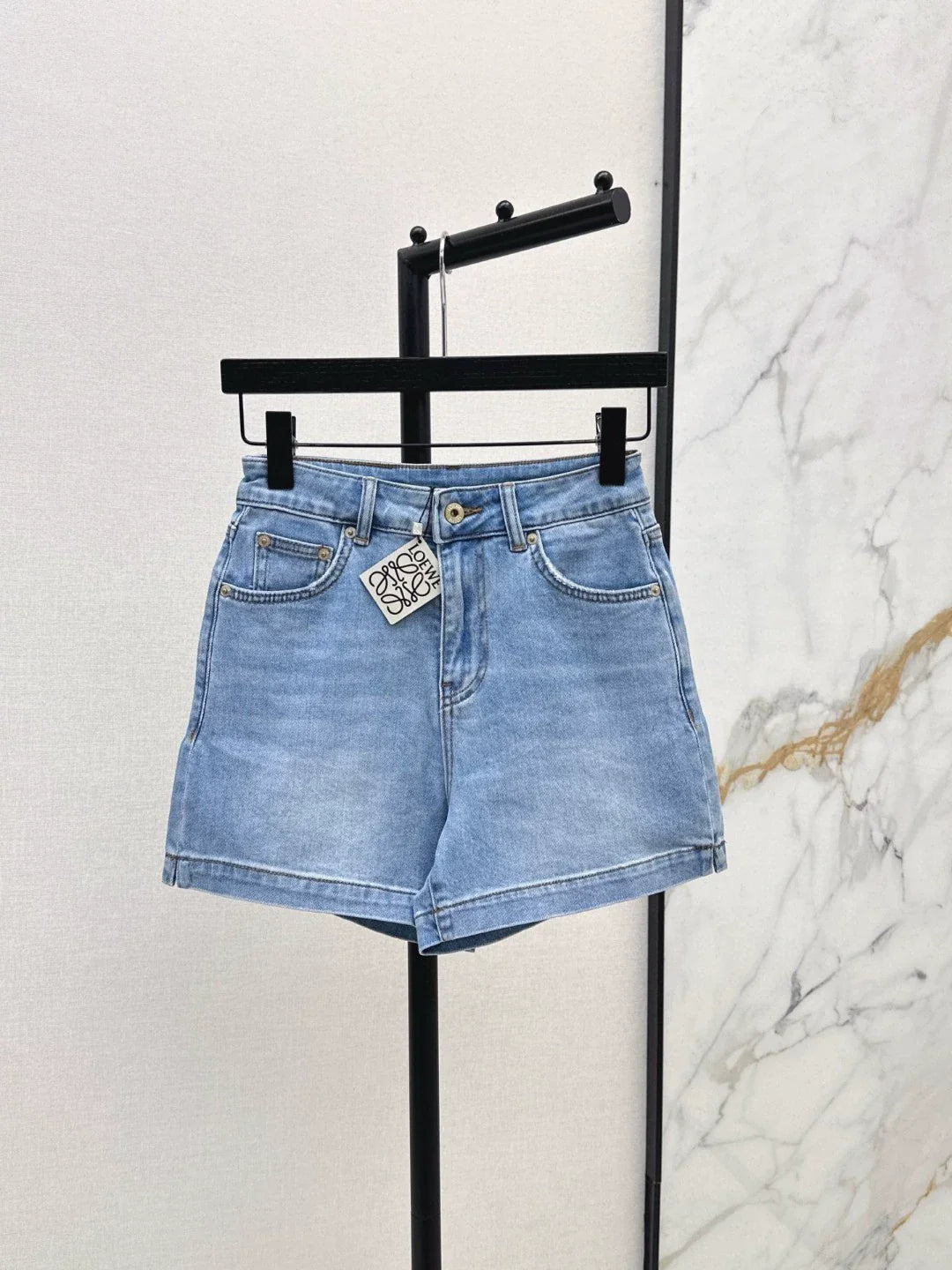 25 Latest Classic Monogrammed Leather Tag Embellished Denim Shorts ( Large Size )