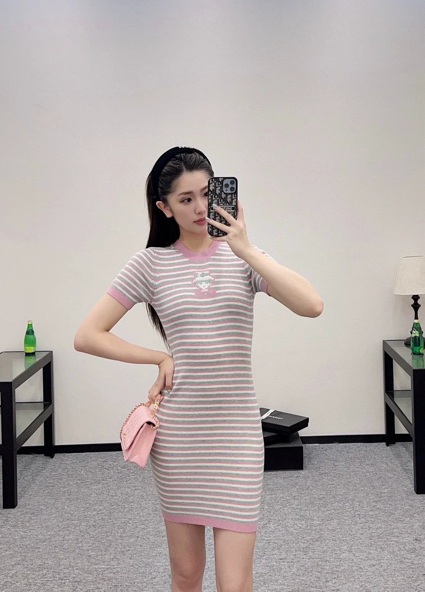 C 25 Striped Knit Short-Sleeved Dress