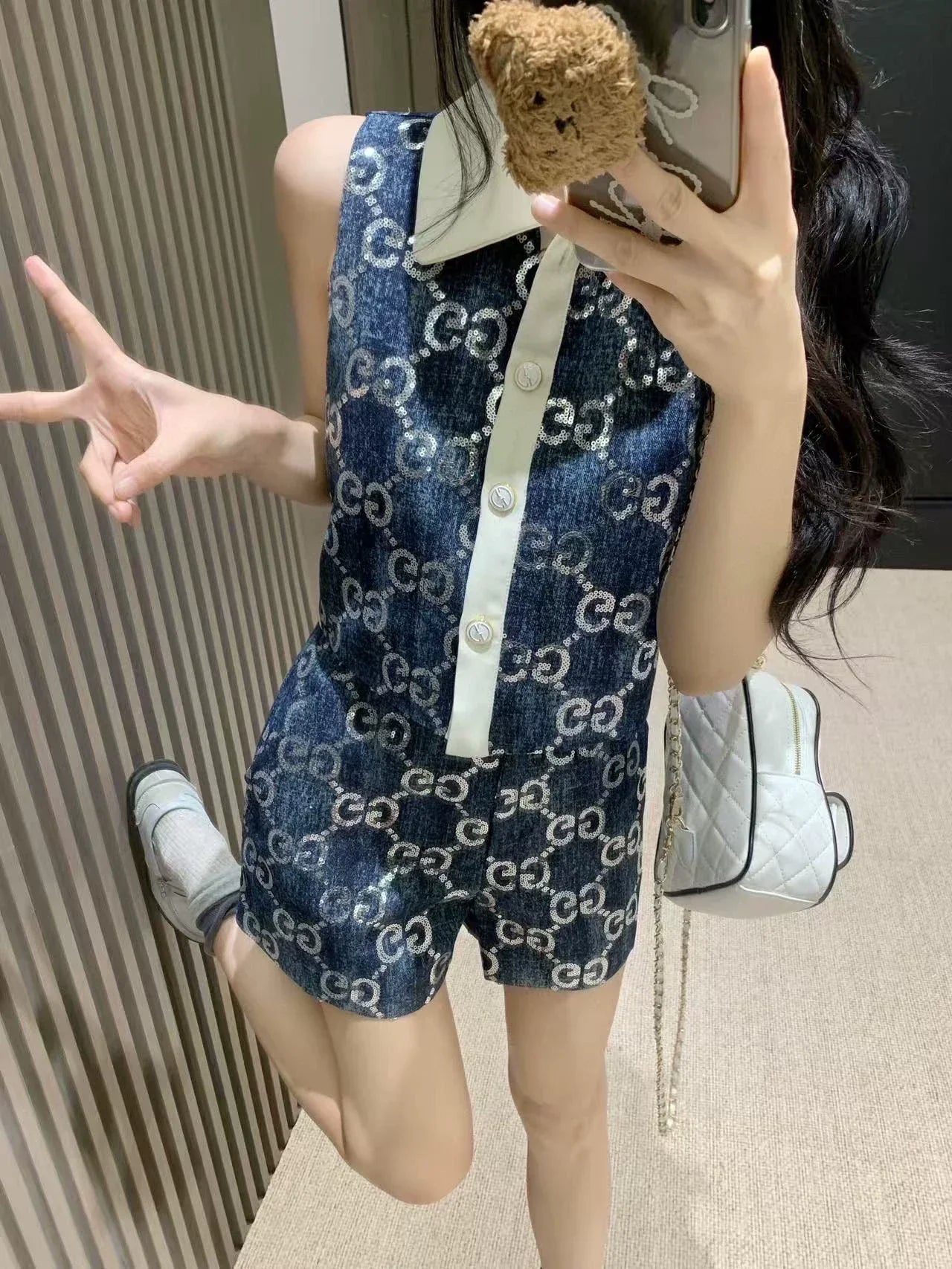 G 25 Denim beaded embroidered patchwork vest ➕shorts set