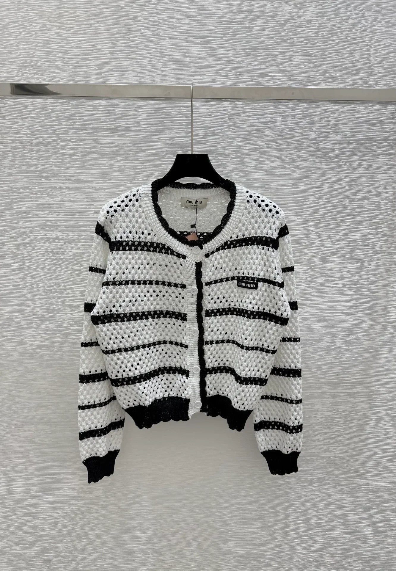 25 new striped logo hollow long sleeve knitted cardigan