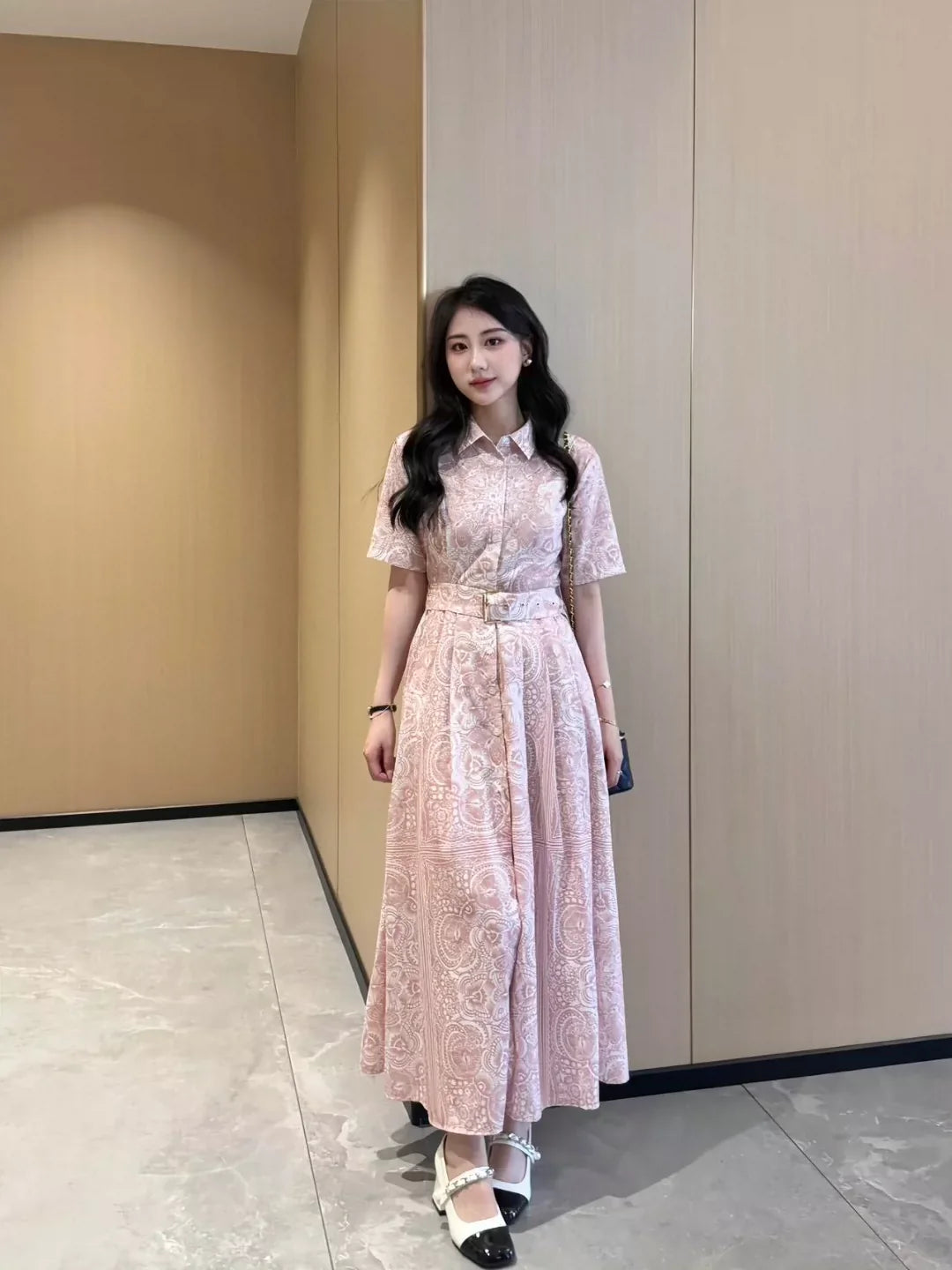 D 25 New Printed Belt Single Breasted Lapel Short Sleeve Dresses