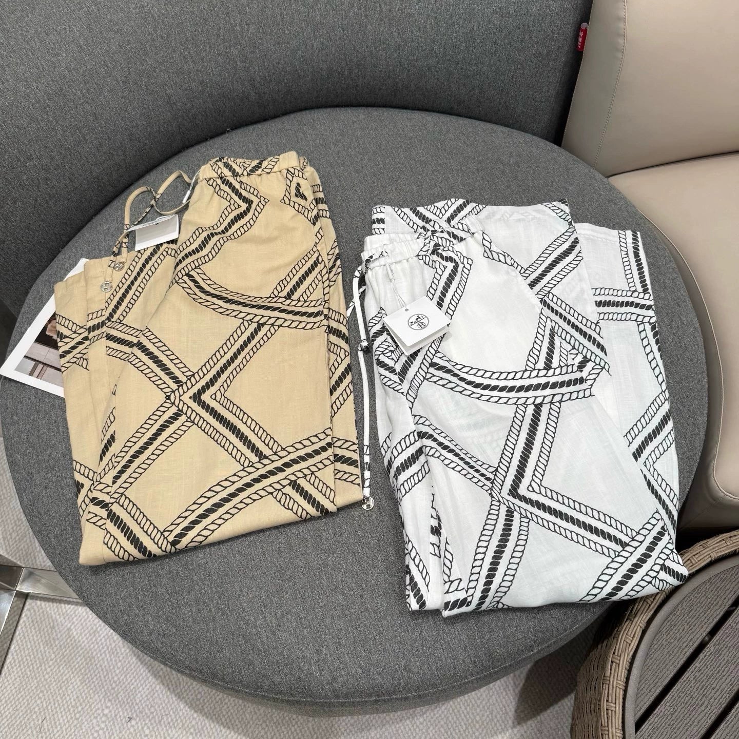 H 25 Summer Vintage Chain Print Linen Loose Trousers