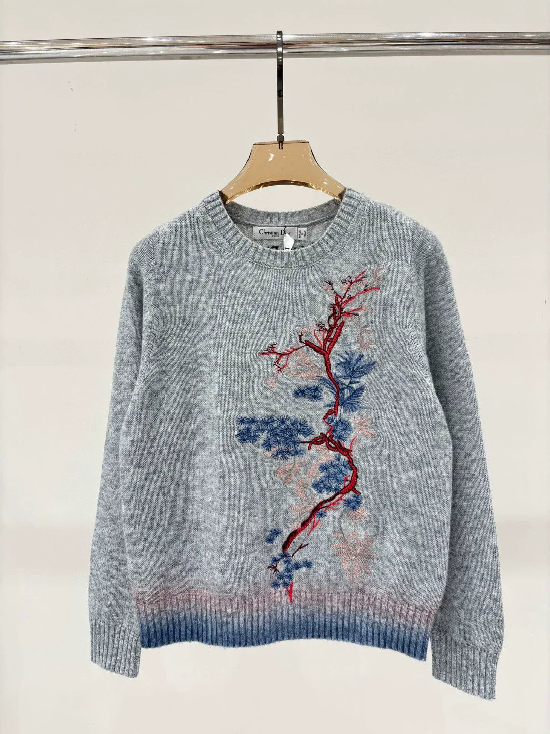 D 25 Spring and Summer New Round Neck Pine Branch Embroidery Jacquard Knitted Long Sleeve