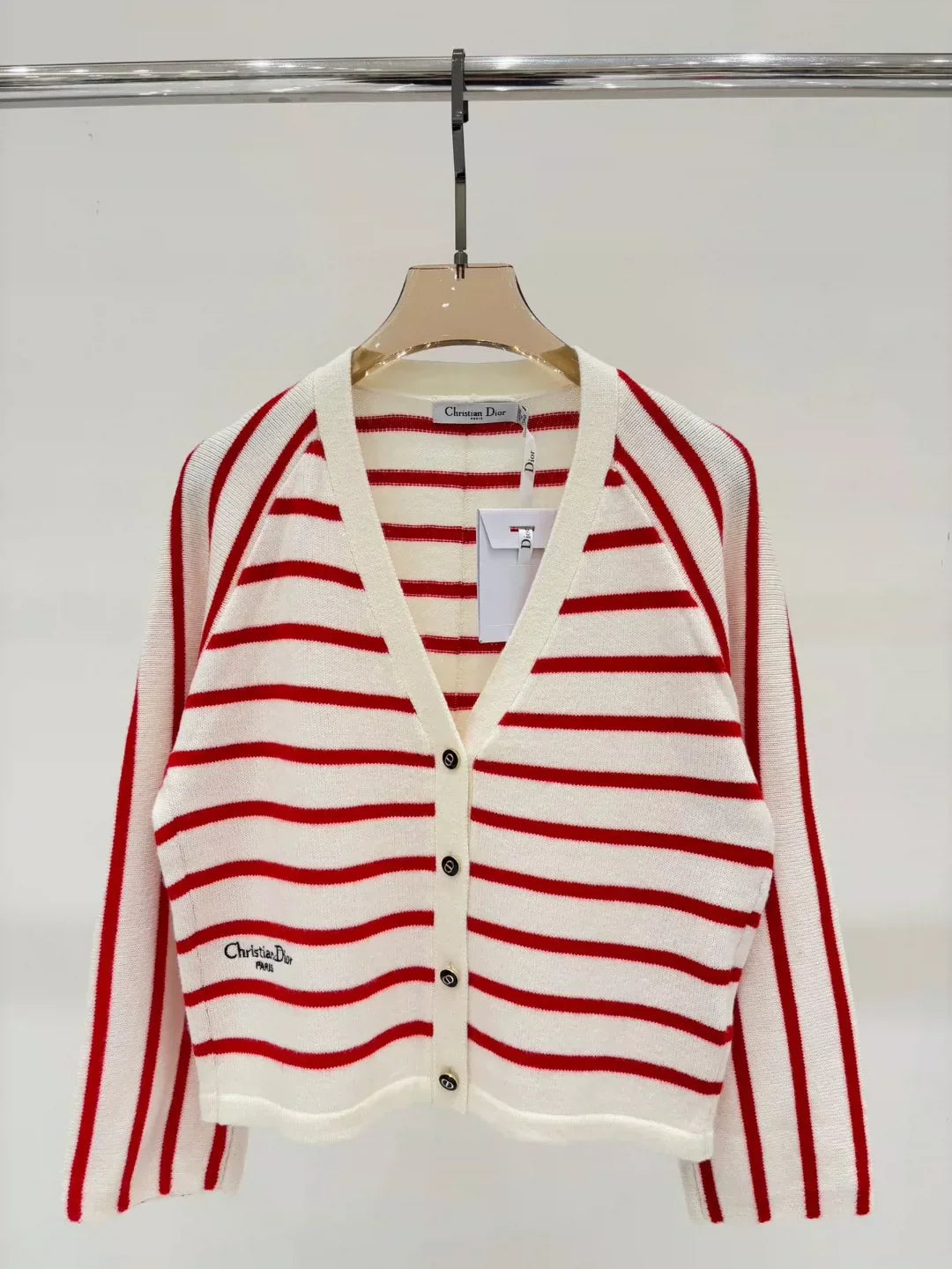 25 Spring and Summer new V-neck letter logo embroidery stripes contrast color casual knitted cardigan
