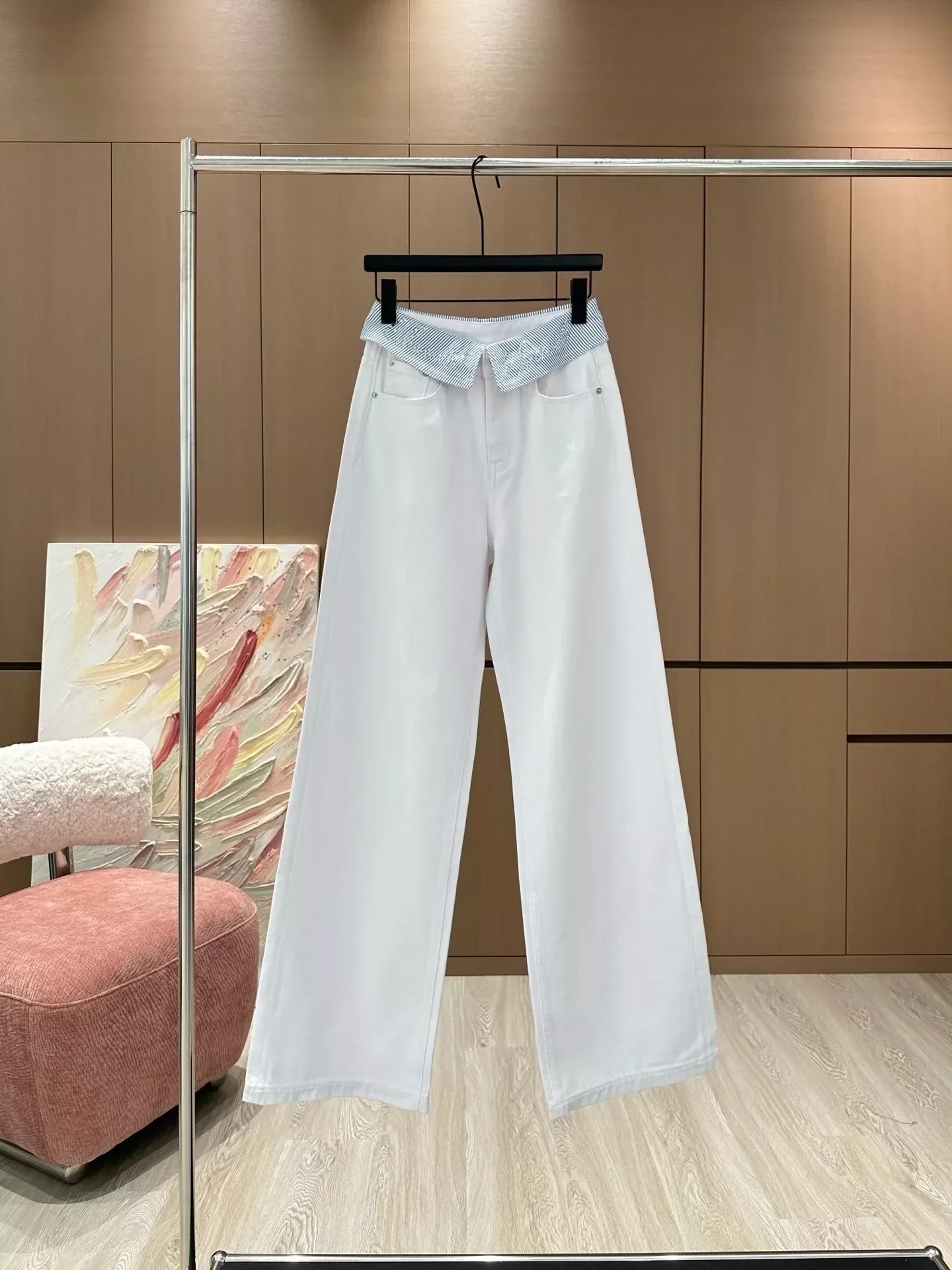 25 Cuffed rhinestone lettered denim straight-leg pants