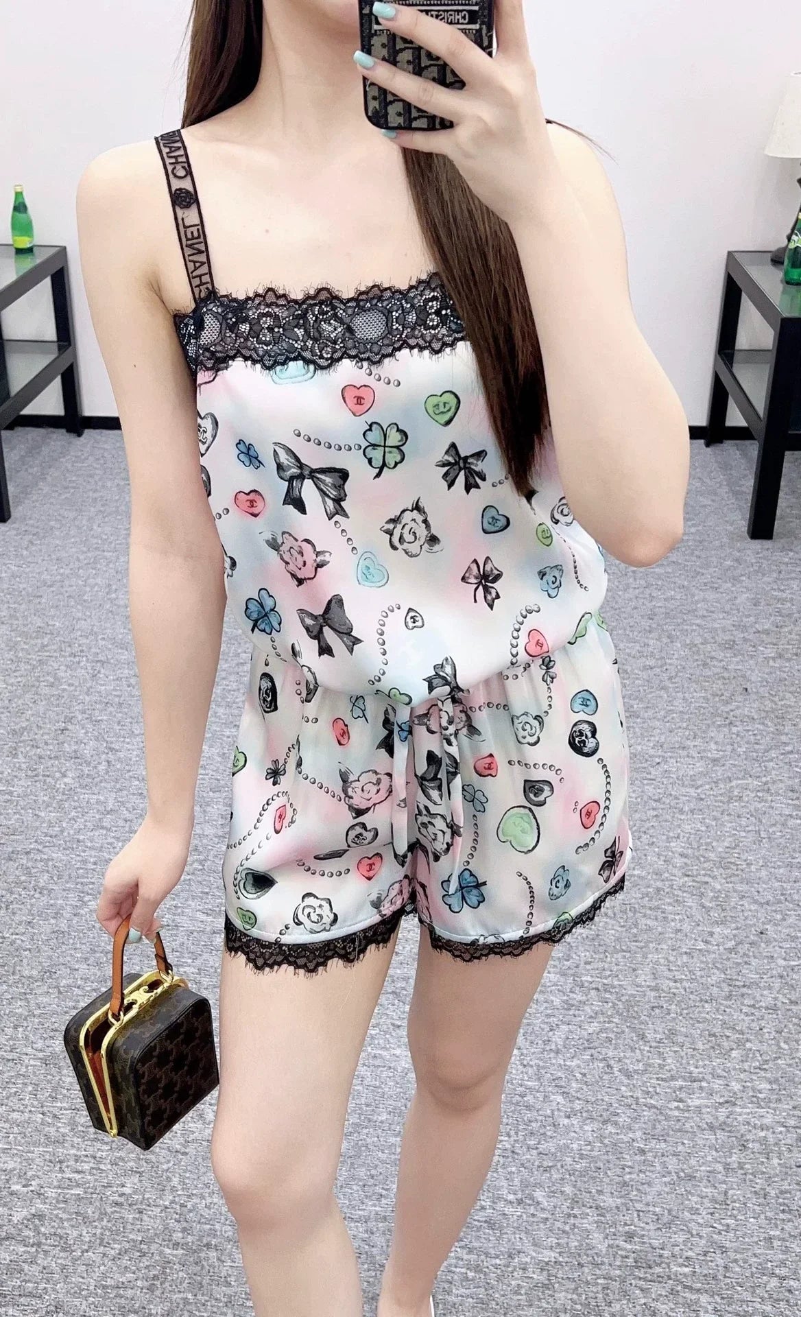 C 25 Reactive Print Lace Tank Top and Shorts Set