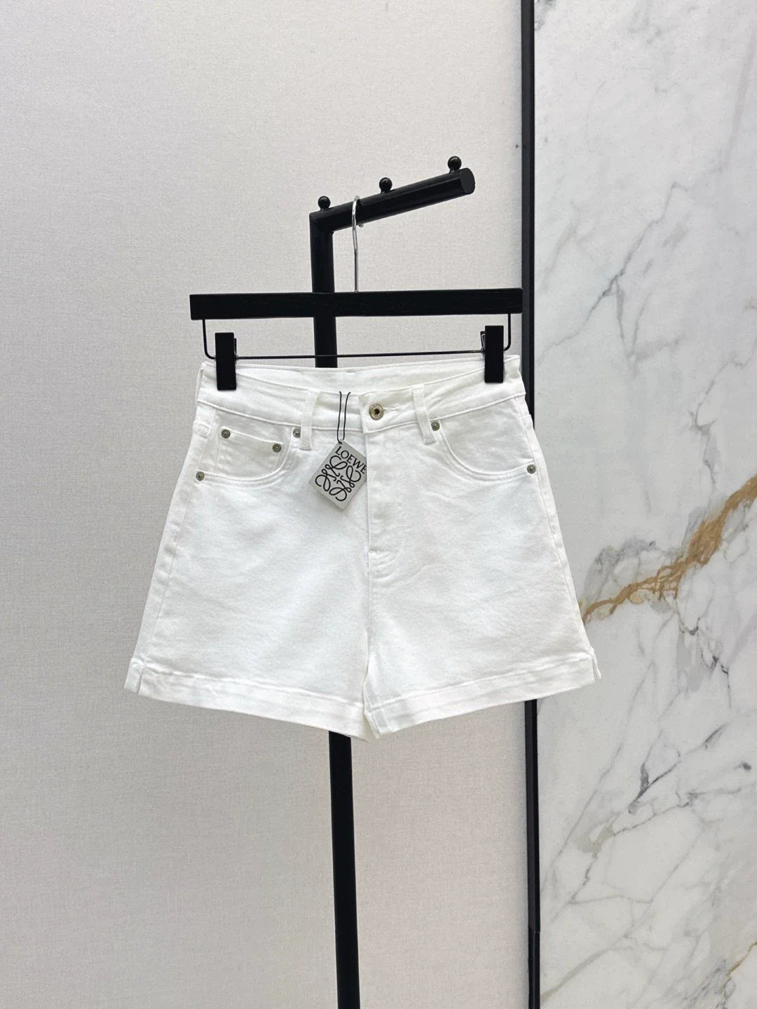 25 Latest Classic Monogrammed Leather Tag Embellished Denim Shorts ( Large Size )