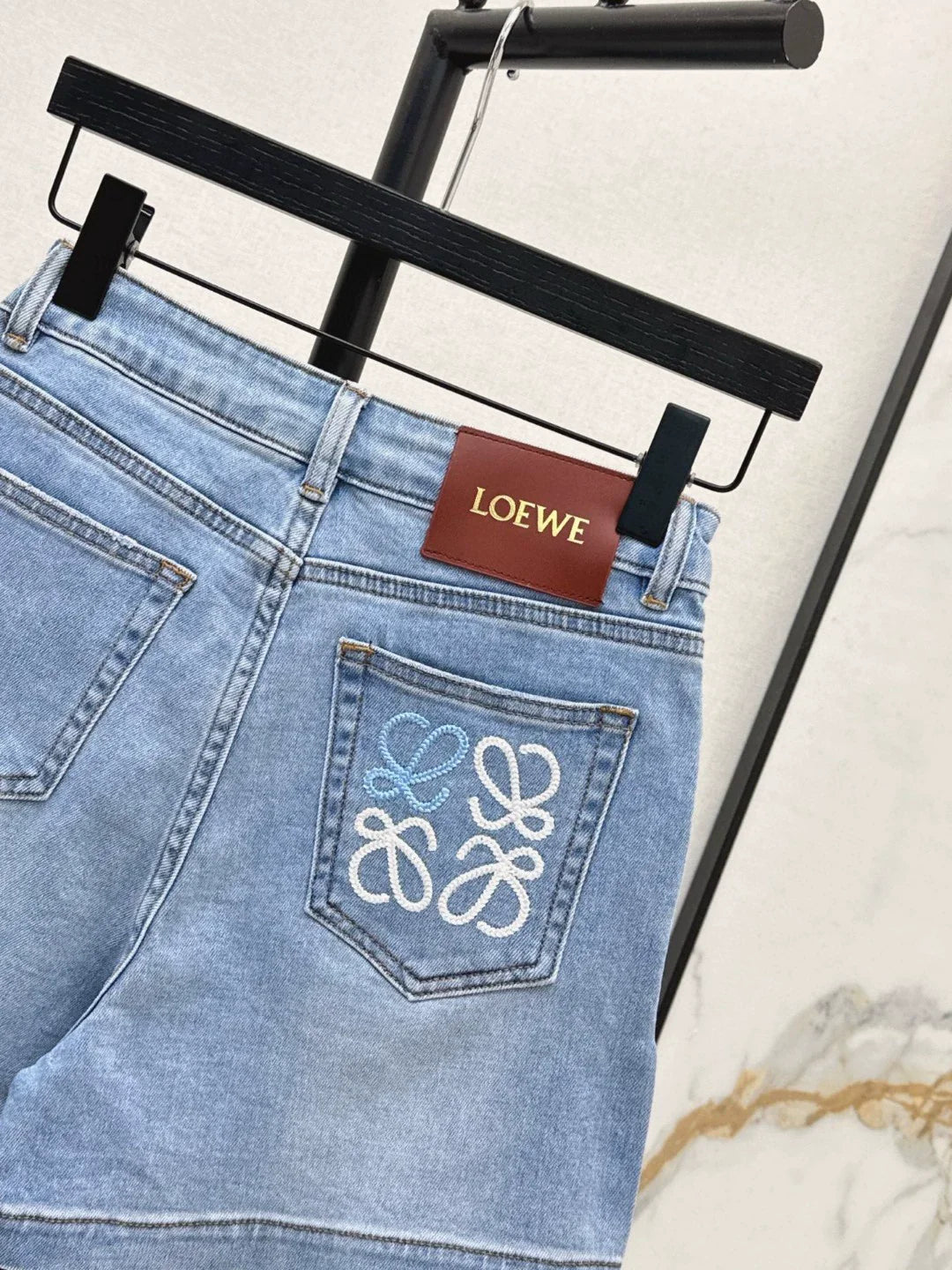 25 Latest Classic Monogrammed Leather Tag Embellished Denim Shorts ( Large Size )
