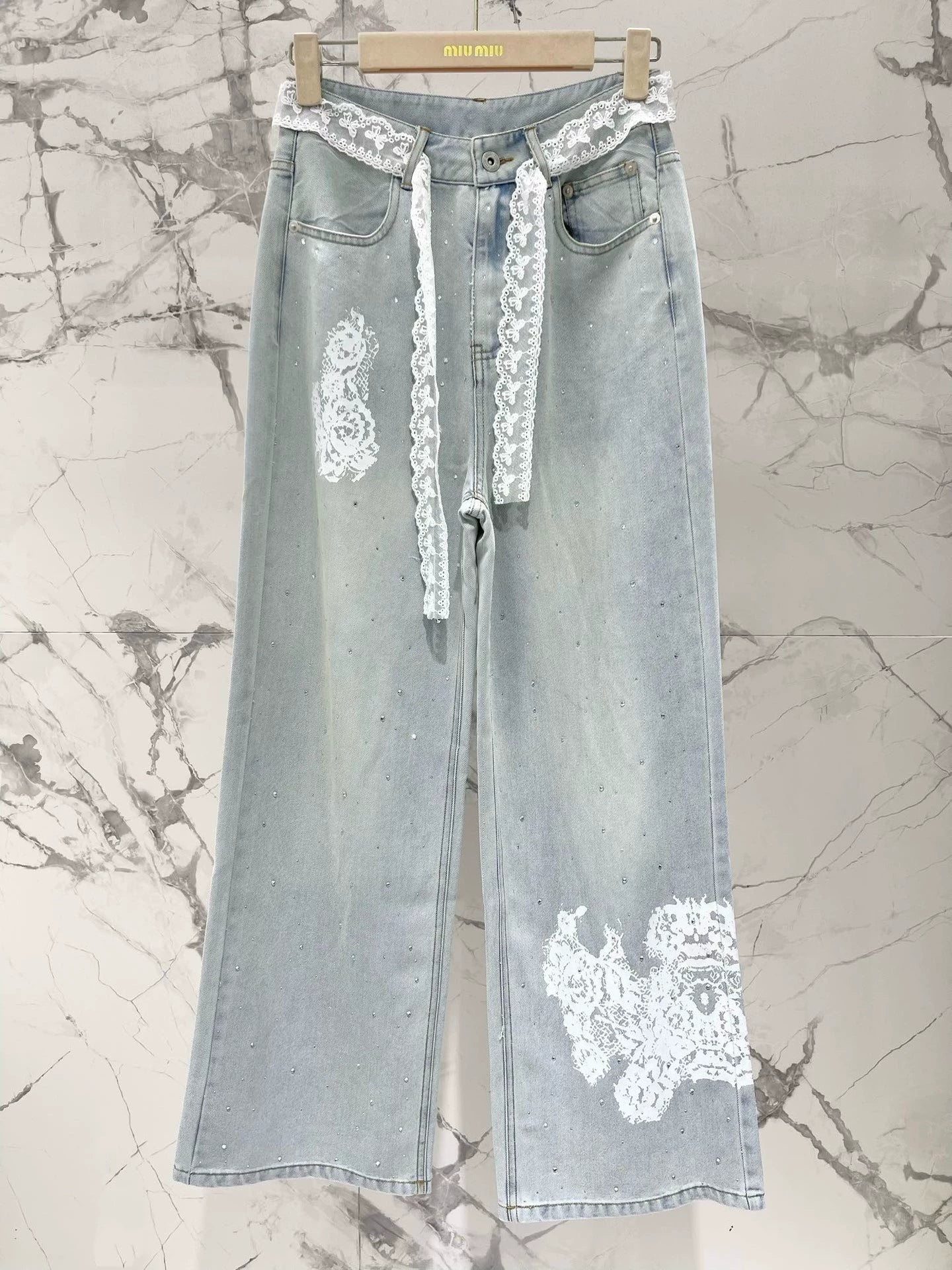 M 25 spring and summer new thin lace hot diamond straight jeans