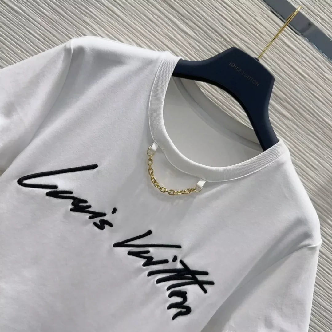 L 25 New Embroidered Letter Chain Short Sleeve Short T-Shirt