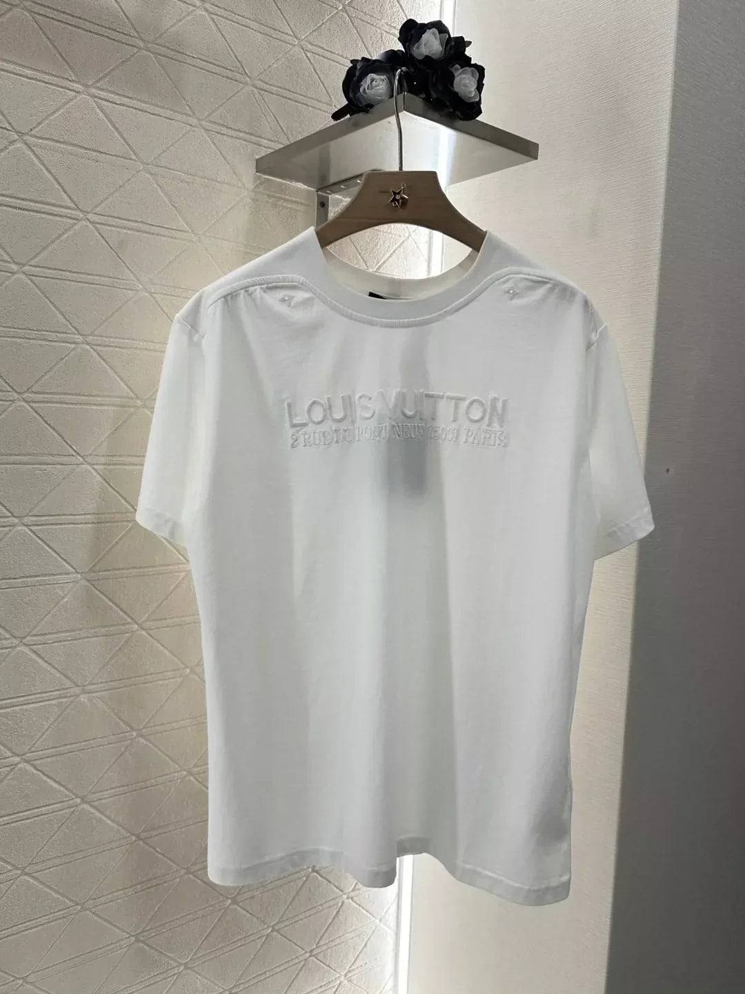 L 25 summer new washed embroidery letters broken hole round neck short sleeve T-shirt