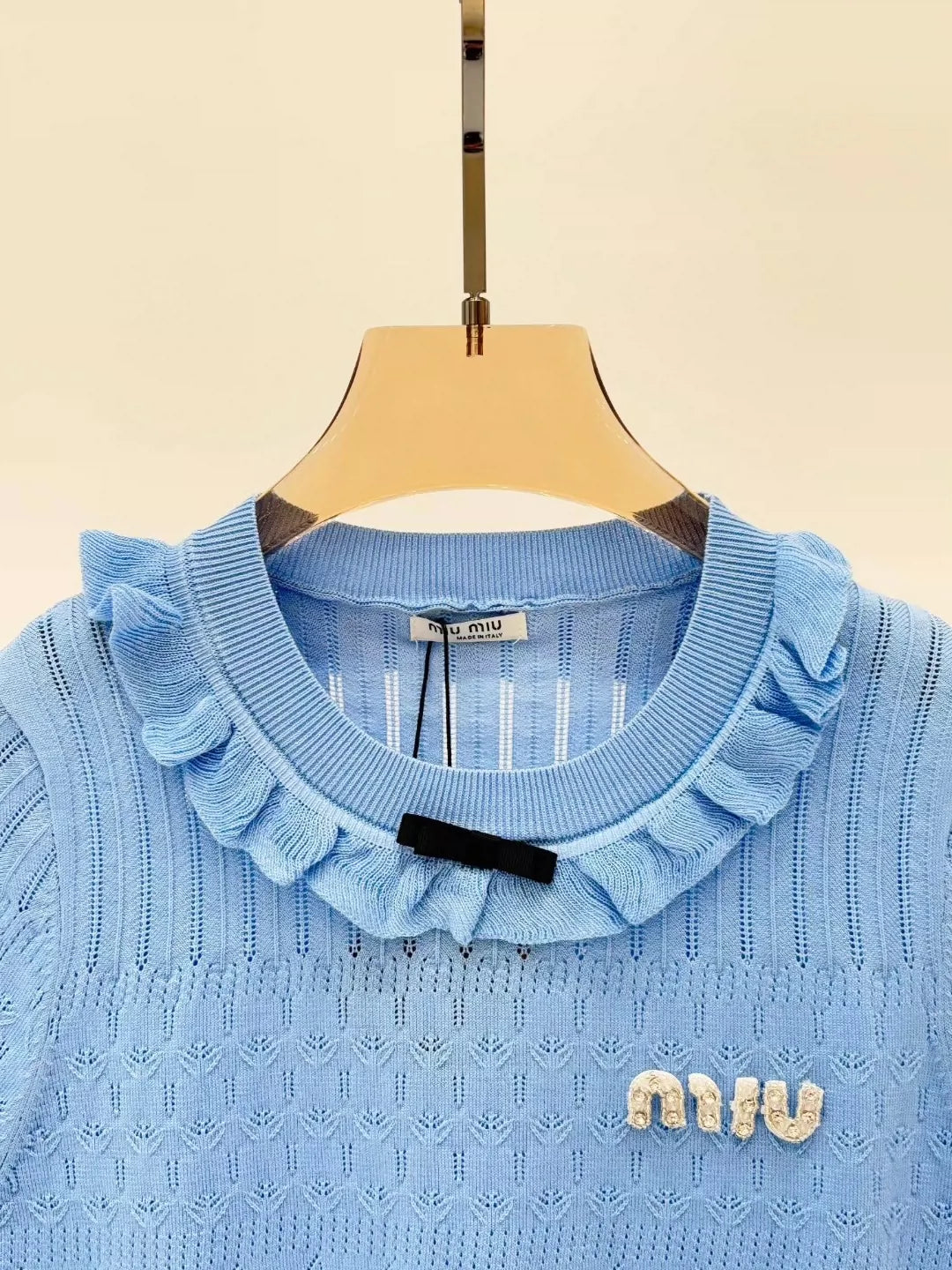 25 Early spring new round neck letter logo inlaid diamond ruffles decorative casual knitted short sleeves