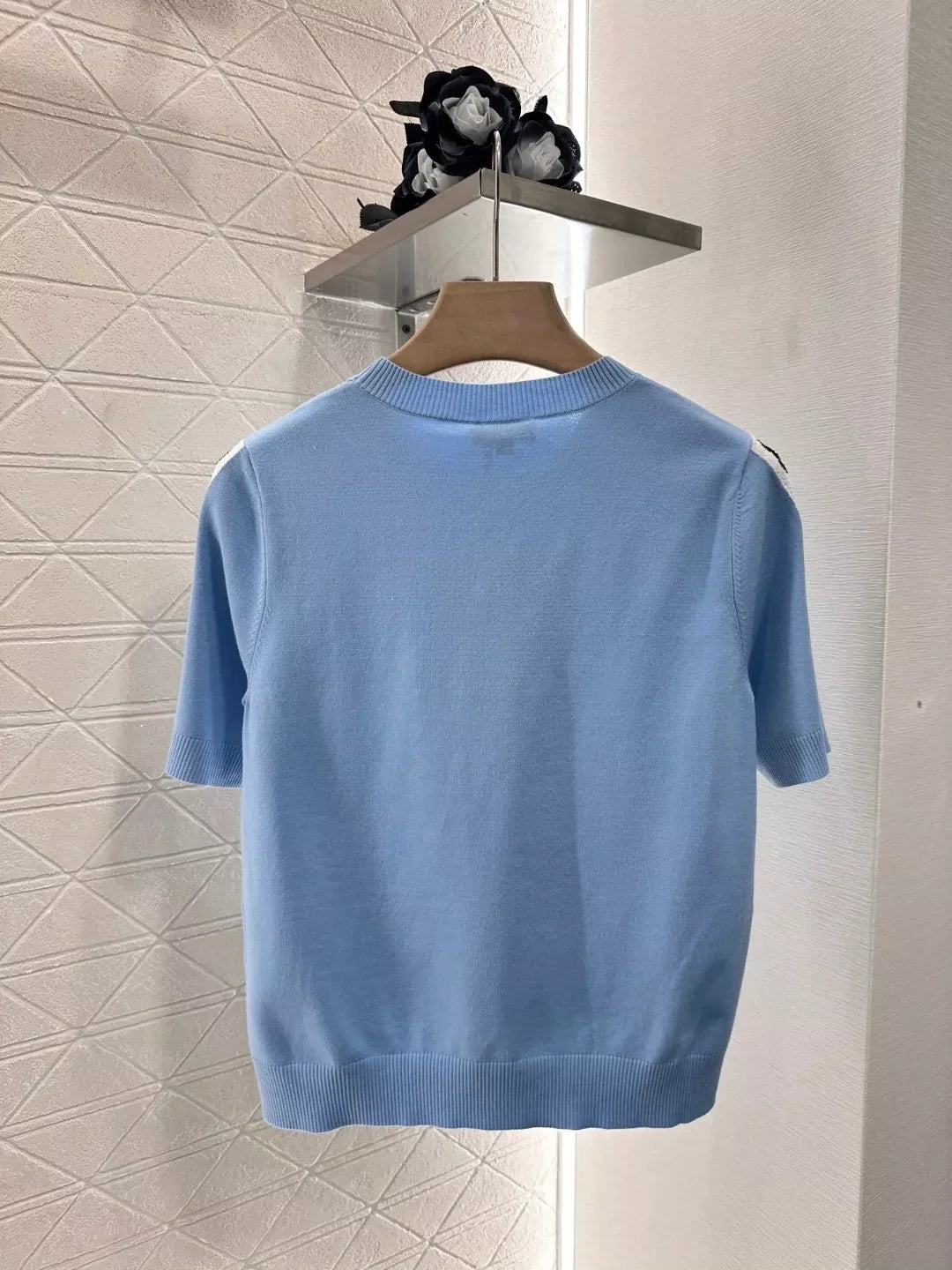 C 25 New Shoulder Sleeve Beaded Knit Short Sleeve Top(White pink blue)