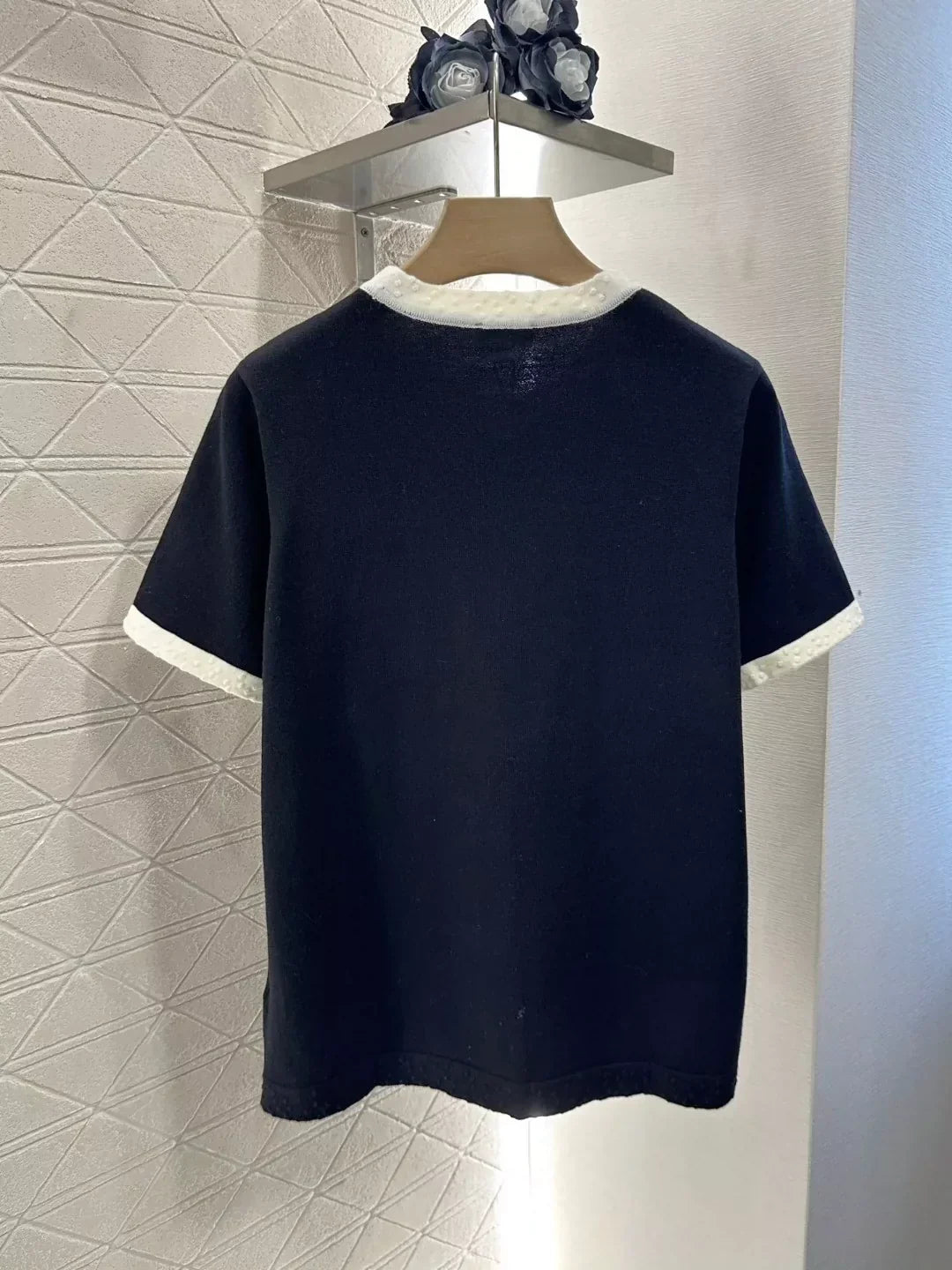 C 25 summer new black and white color collision knit short-sleeved top