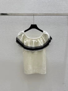 2025 Summer New Color-contrast Ruffled One-shoulder Knitted Short-sleeved Top