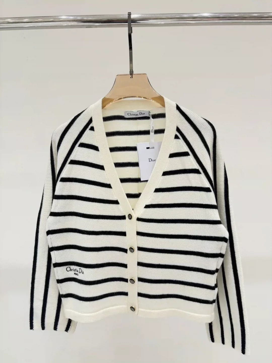 25 Spring and Summer new V-neck letter logo embroidery stripes contrast color casual knitted cardigan