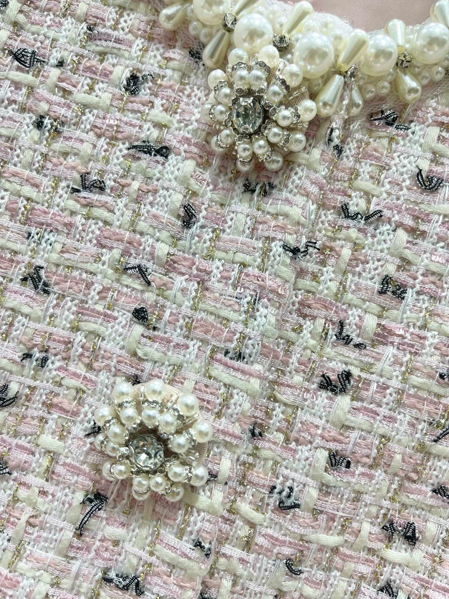 25 Summer new mixed color tweed pearl short suit