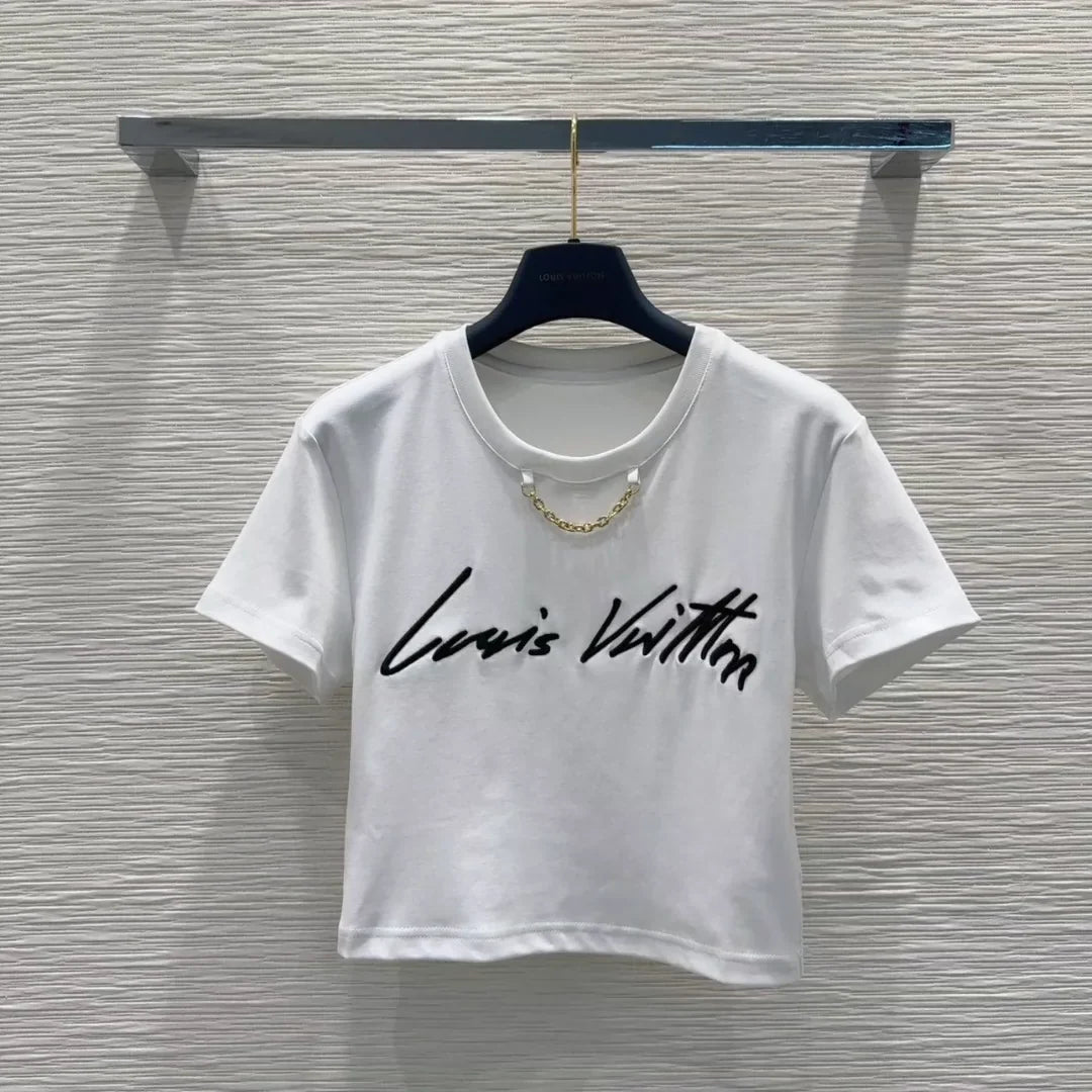 L 25 New Embroidered Letter Chain Short Sleeve Short T-Shirt