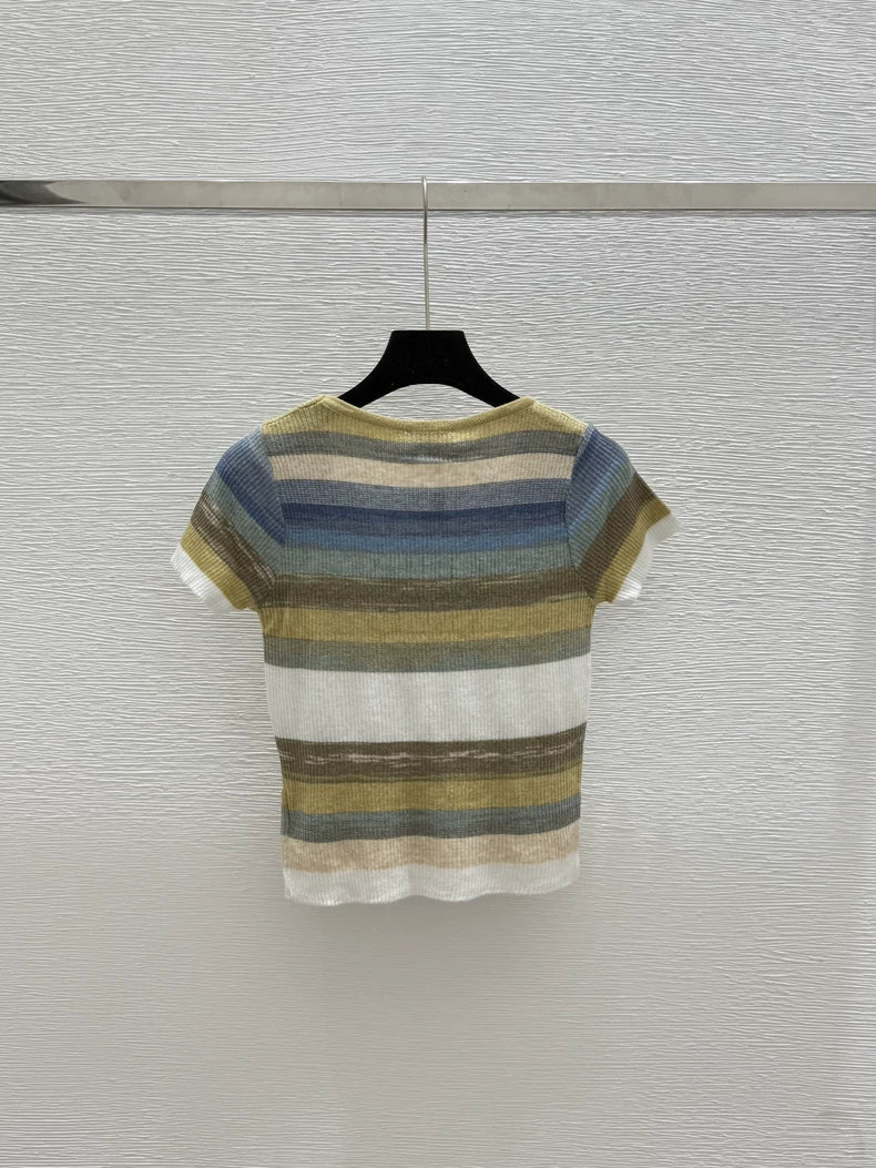 2025 Summer New Color Striped Knitted Short Sleeve Top