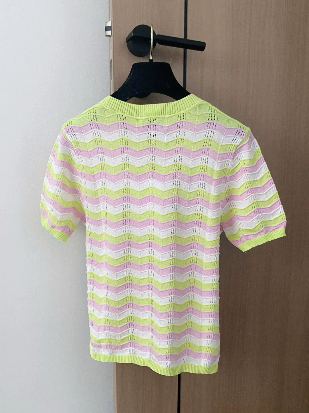 C 25 new color collision striped hollow round neck short sleeve knitting