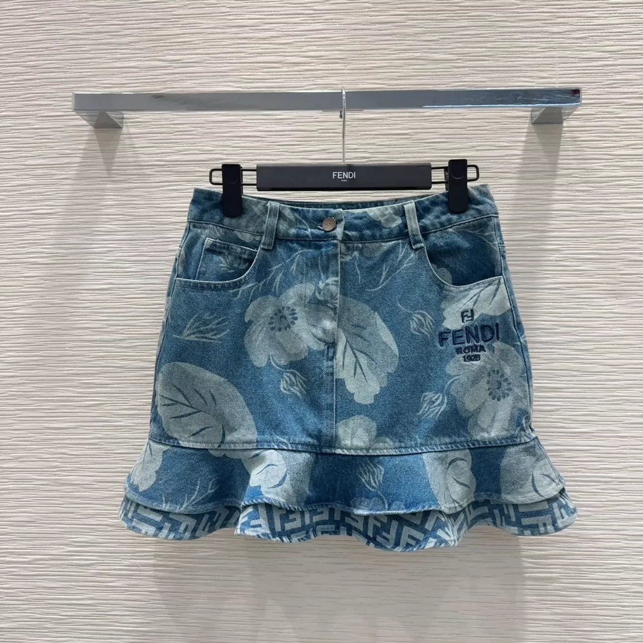 F 25 New Embroidered Printed Ruffle Hem Denim Skirt