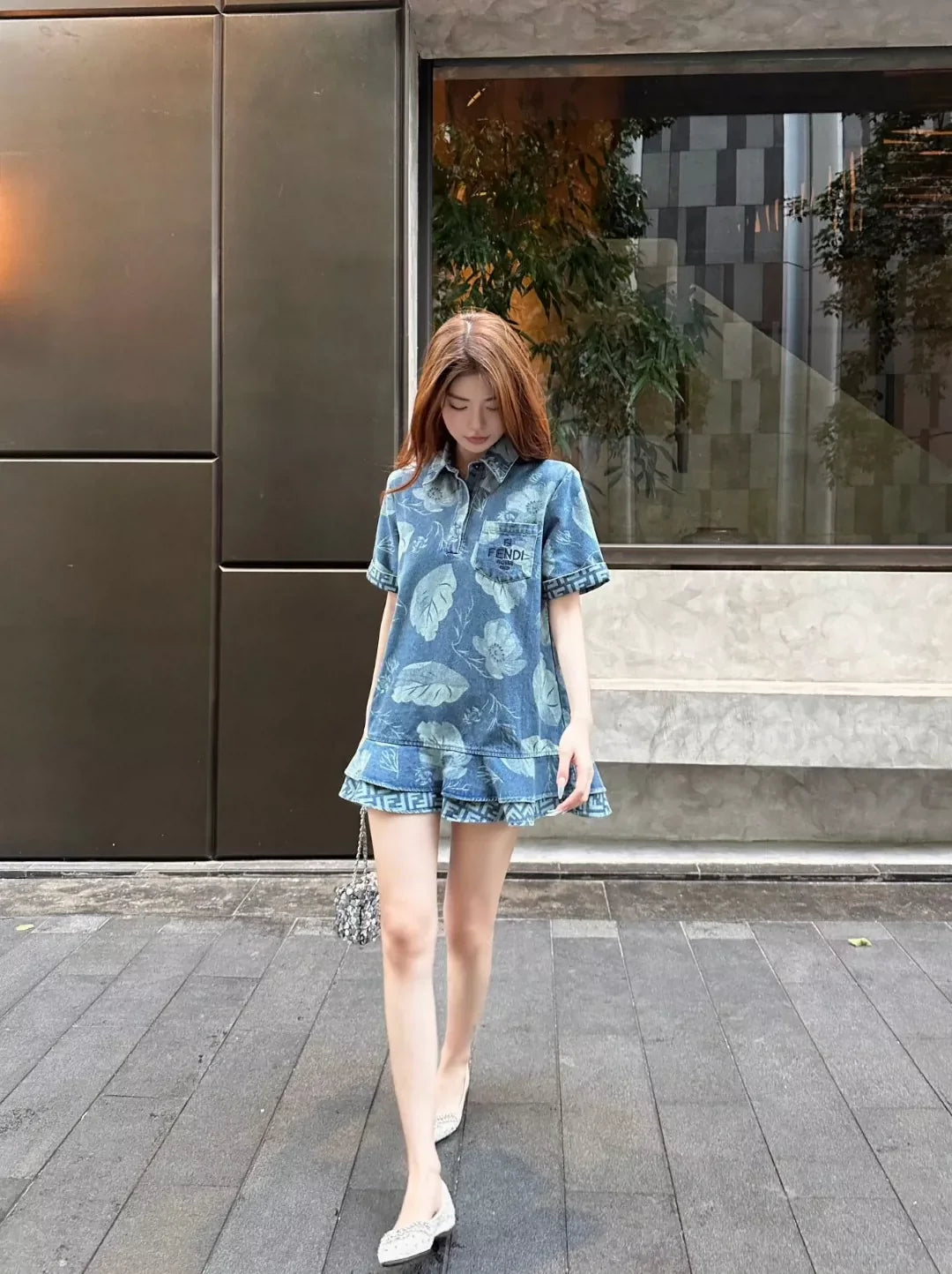 F 25 New Embroidered Pocket Printed Ruffle Hem Short Sleeve Denim Dresses