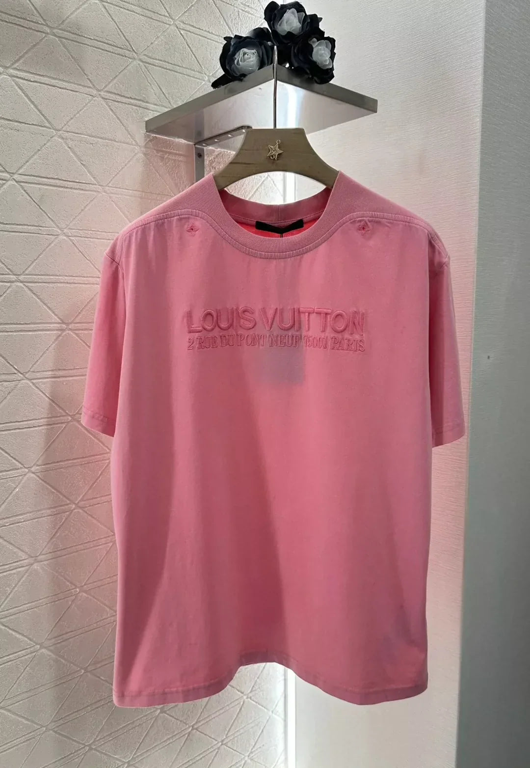 L 25 summer new washed embroidery letters broken hole round neck short sleeve T-shirt