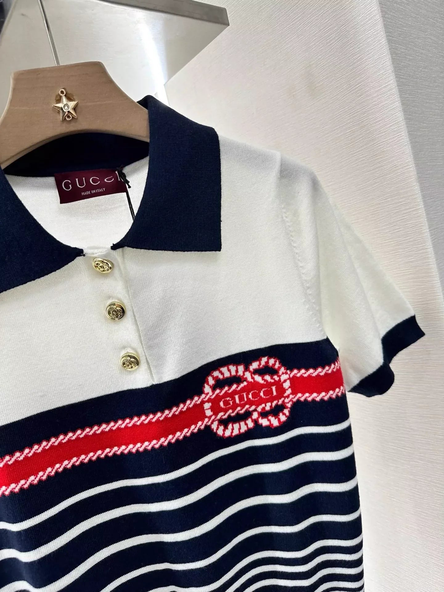 G 25 Spring/Summer New Lapel Striped Knit Short Sleeve Top