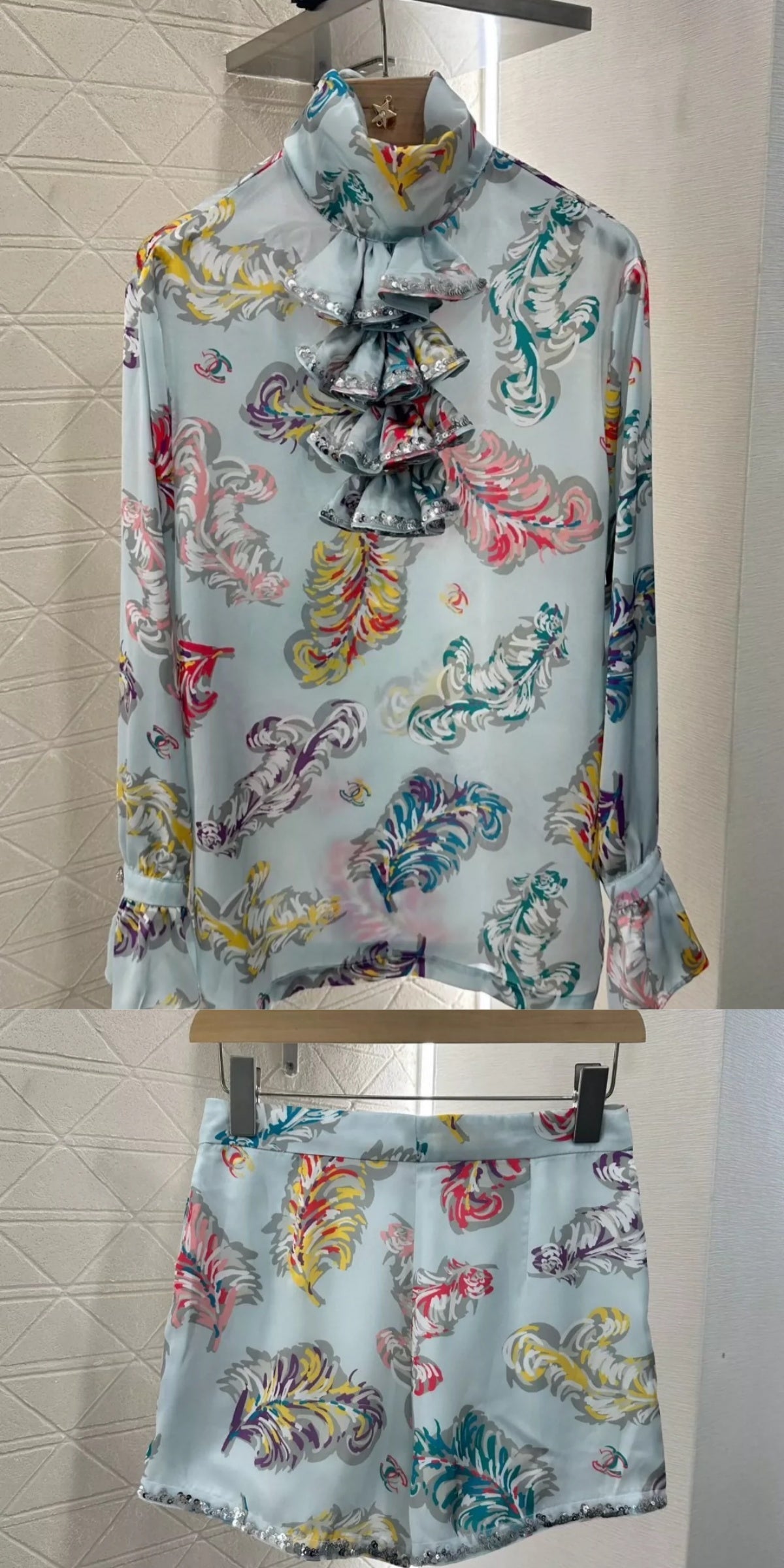 C 25 spring and summer new Sequins printed high-neck shirt shorts set