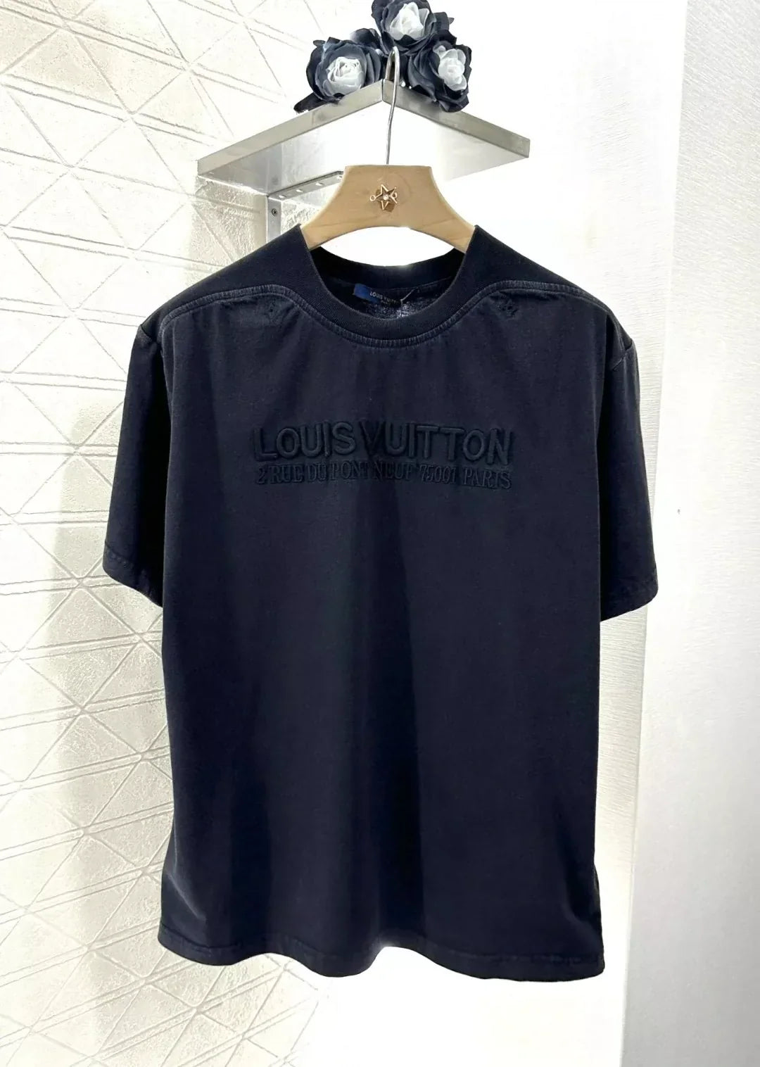 L 25 summer new washed embroidery letters broken hole round neck short sleeve T-shirt