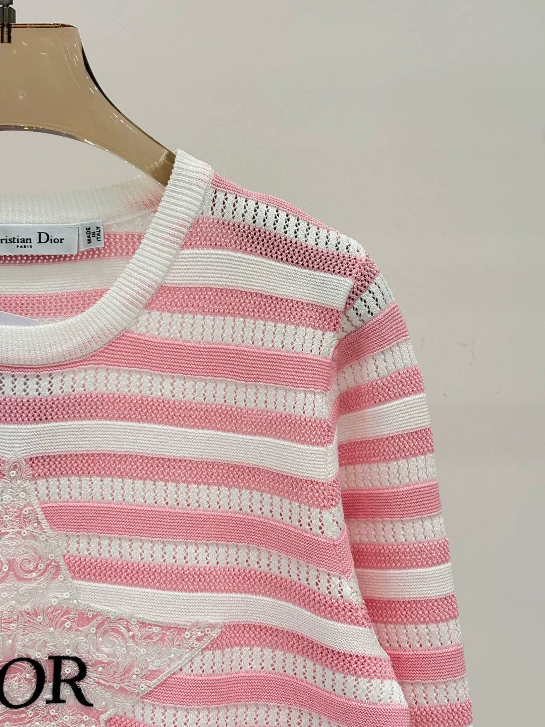 D 25 Spring and Summer New Round Neck Letter Star Embroidery Jacquard Stripe Contrast Color Knitted Long Sleeve