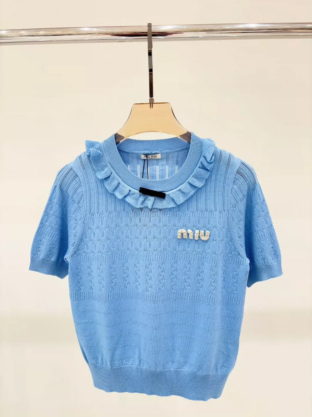25 Early spring new round neck letter logo inlaid diamond ruffles decorative casual knitted short sleeves