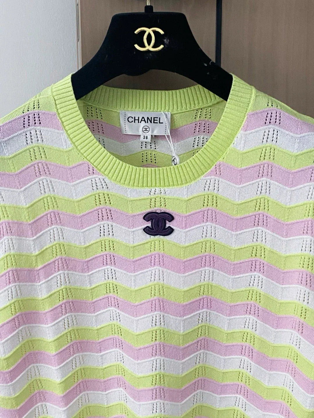C 25 new color collision striped hollow round neck short sleeve knitting