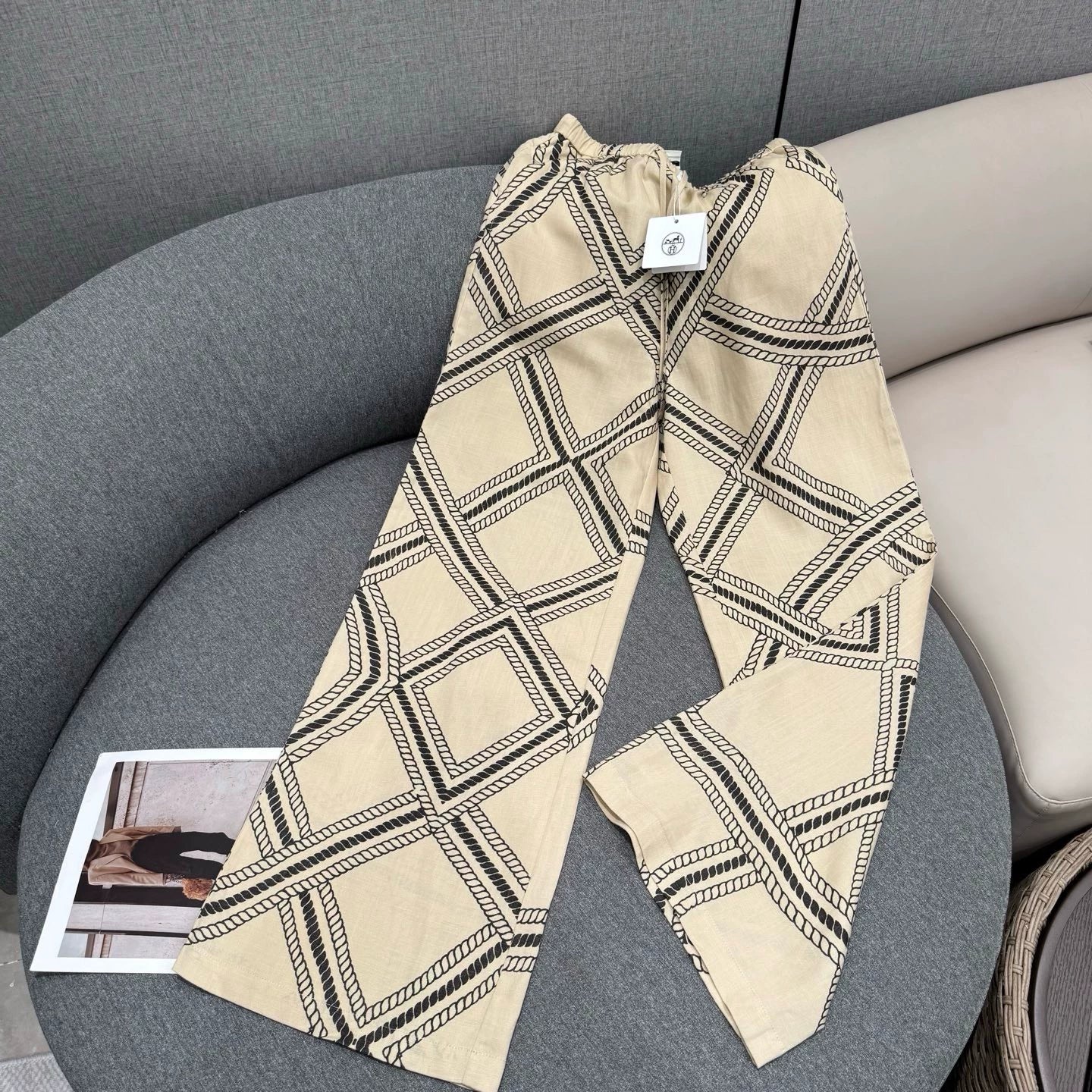 H 25 Summer Vintage Chain Print Linen Loose Trousers