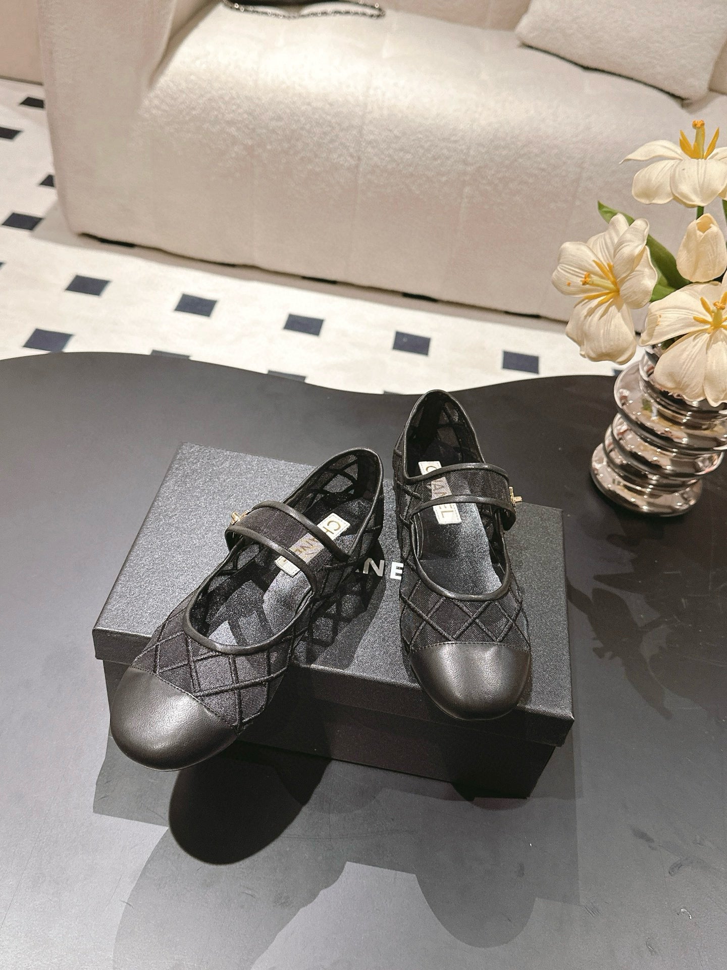 Mary Janes Flats Black Mesh Leather
