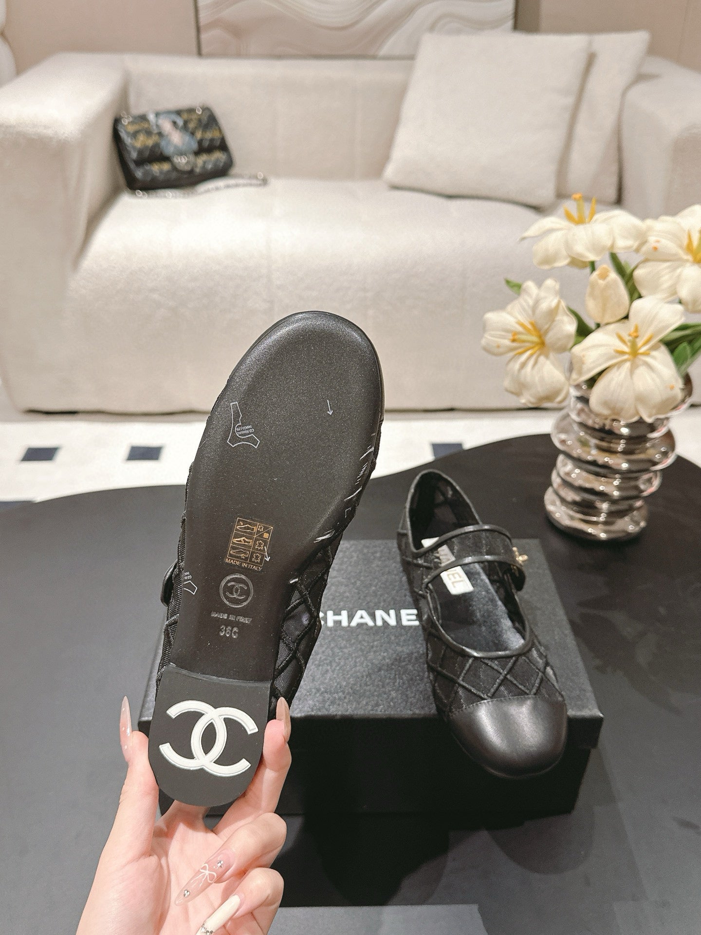 Mary Janes Flats Black Mesh Leather