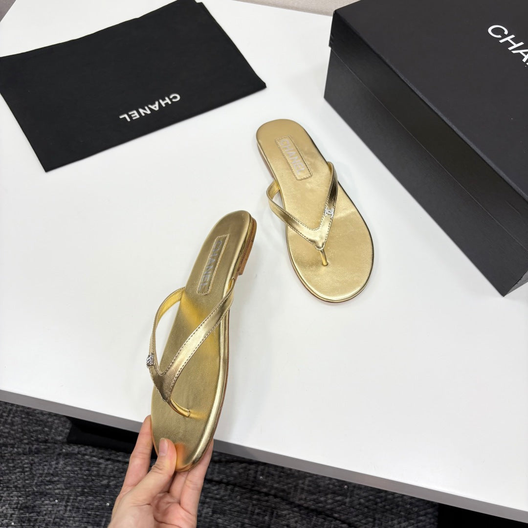 Crystal Logo Thong Sandal Gold Metallic Sheepskin 352487
