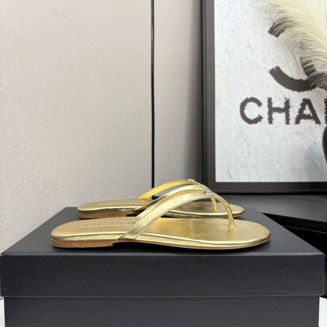 Crystal Logo Thong Sandal Gold Metallic Sheepskin 352487