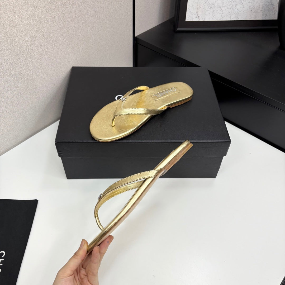 Crystal Logo Thong Sandal Gold Metallic Sheepskin 352487