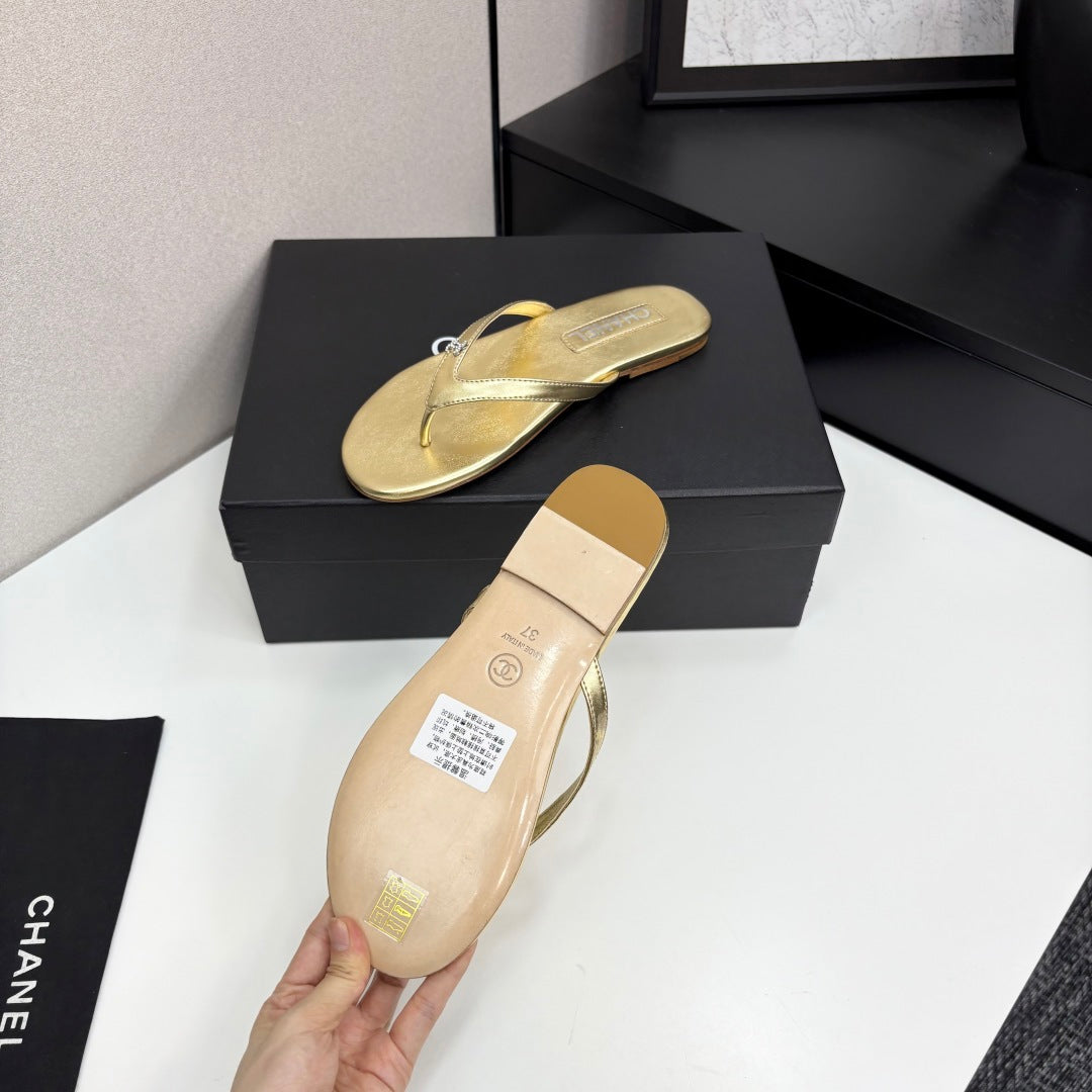 Crystal Logo Thong Sandal Gold Metallic Sheepskin 352487