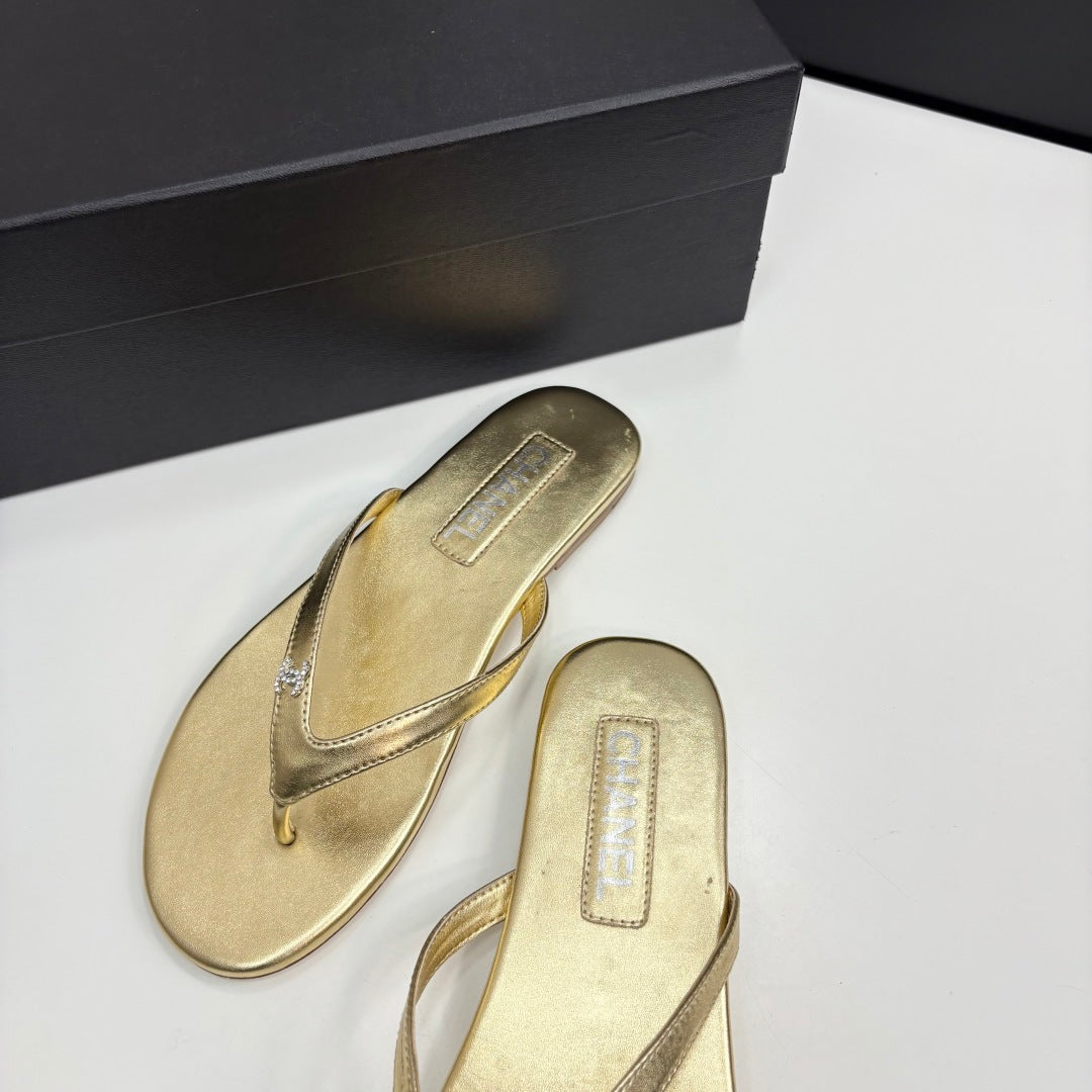 Crystal Logo Thong Sandal Gold Metallic Sheepskin 352487