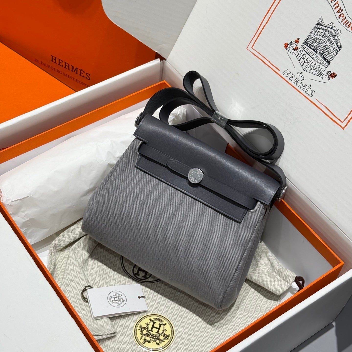 Mini Herbag Silver Buckle 20 Gray Canvas and Hunter Cowhide 243265