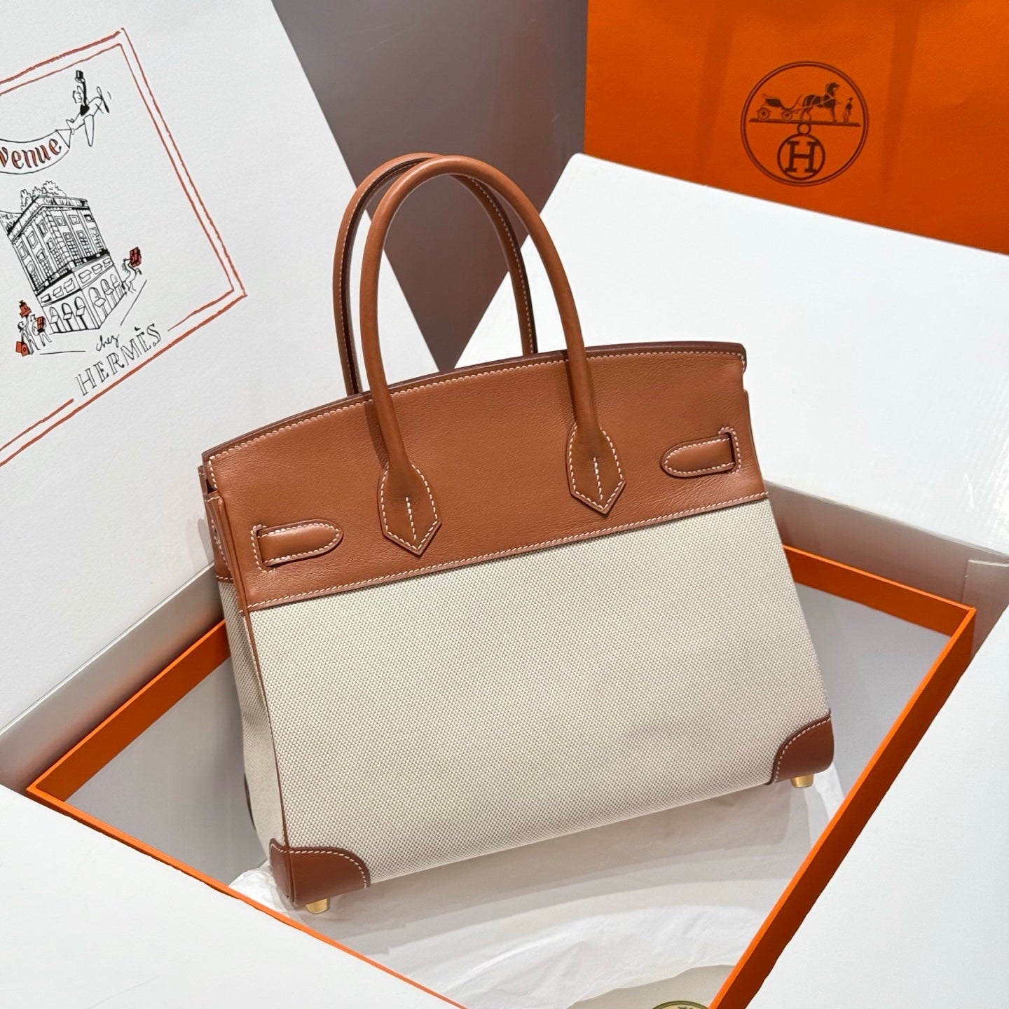 Birkin 30cm Golden Brown Swift Cowhide With Horse Totem Beige Canvas Fabric Ghw 249975