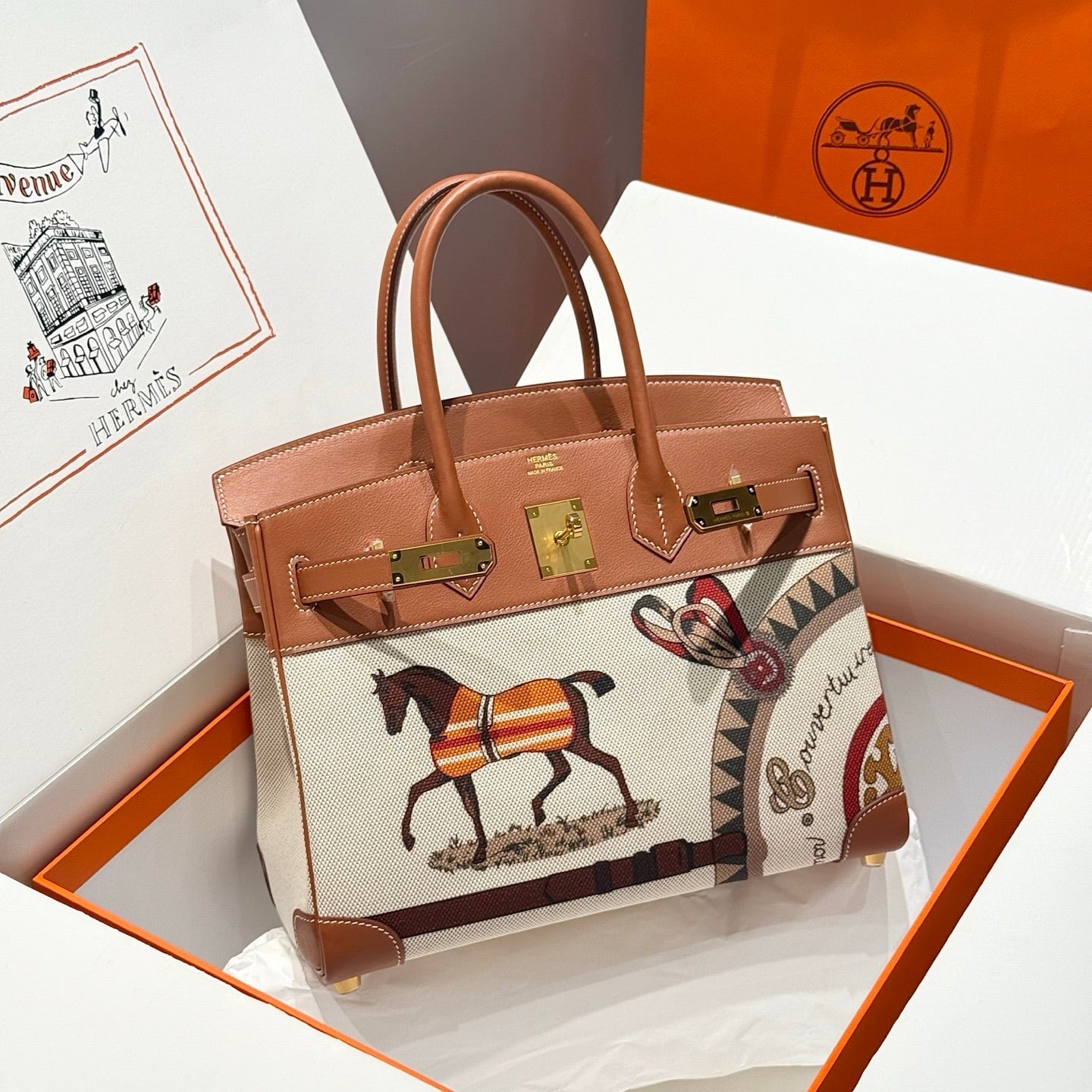 Birkin 30cm Golden Brown Swift Cowhide With Horse Totem Beige Canvas Fabric Ghw 249975
