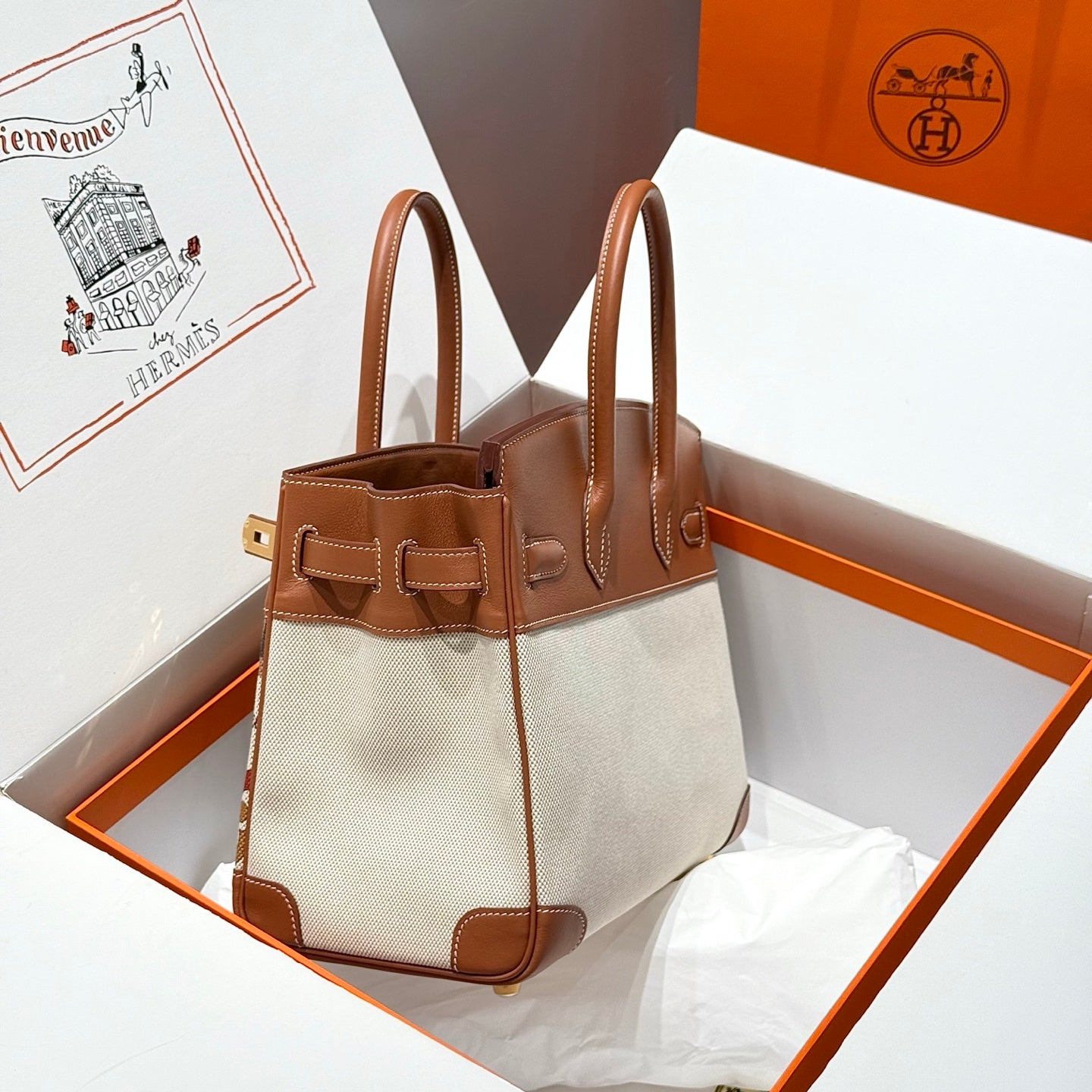 Birkin 30cm Golden Brown Swift Cowhide With Horse Totem Beige Canvas Fabric Ghw 249975