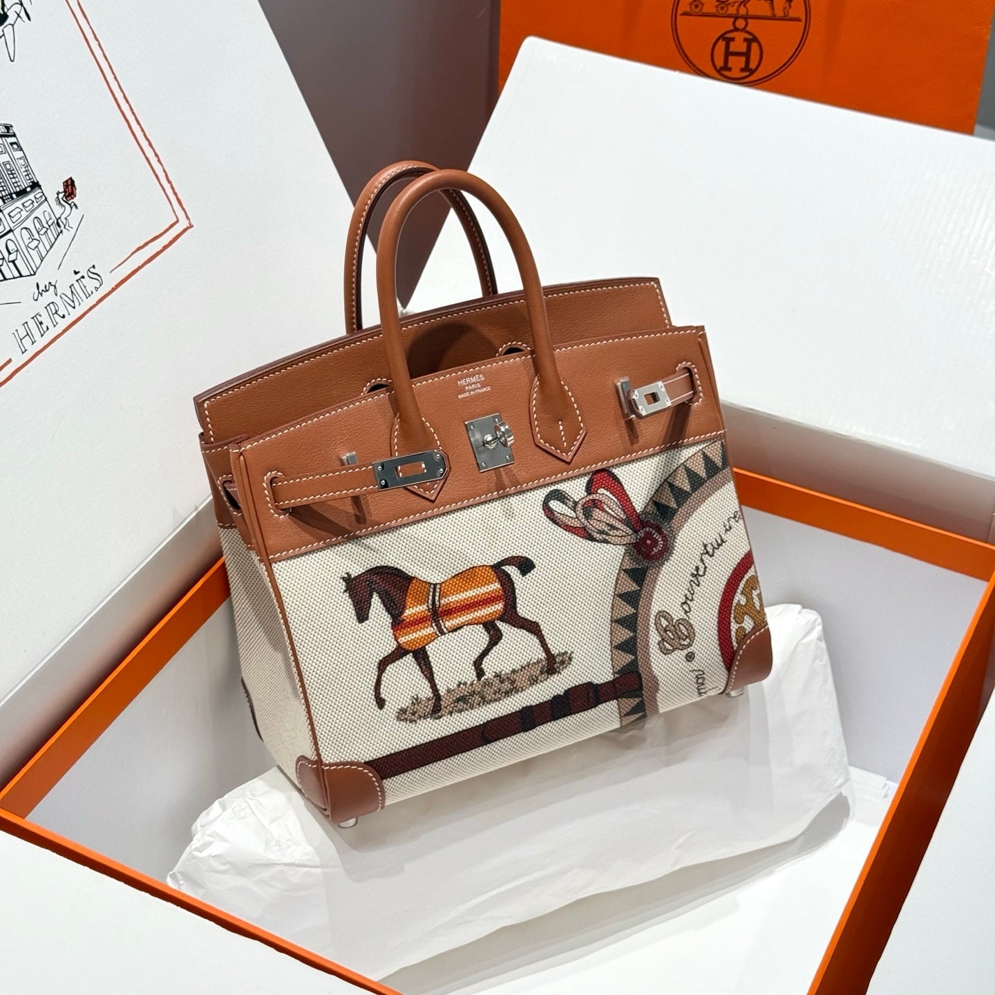 Birkin 25cm Golden Brown Swift Cowhide With Horse Totem Beige Canvas Fabric Shw 249990